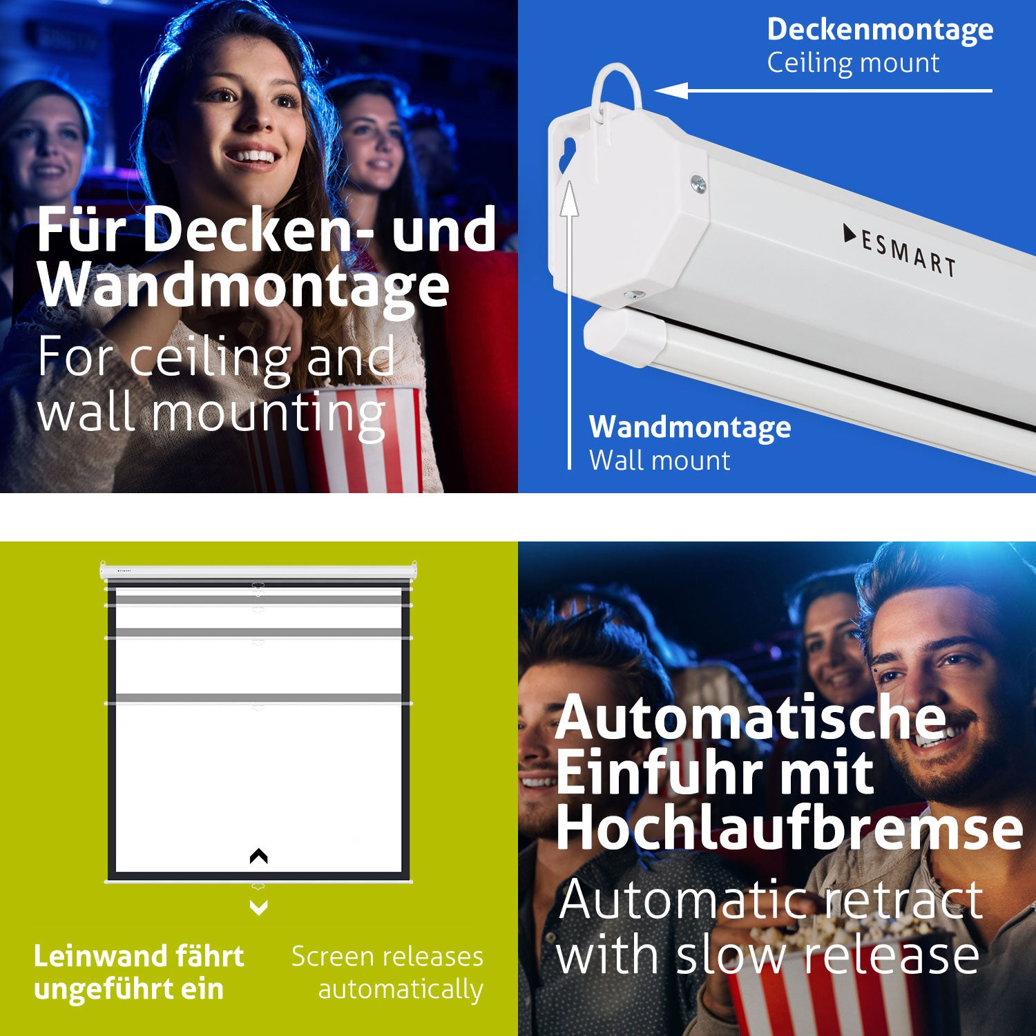 Eine Kinoszene mit Menschen, Text über Decken- und Wandmontage, ein Projektor und eine Leinwand. Text sagt automatischer Einzug mit langsamer Freigabe.