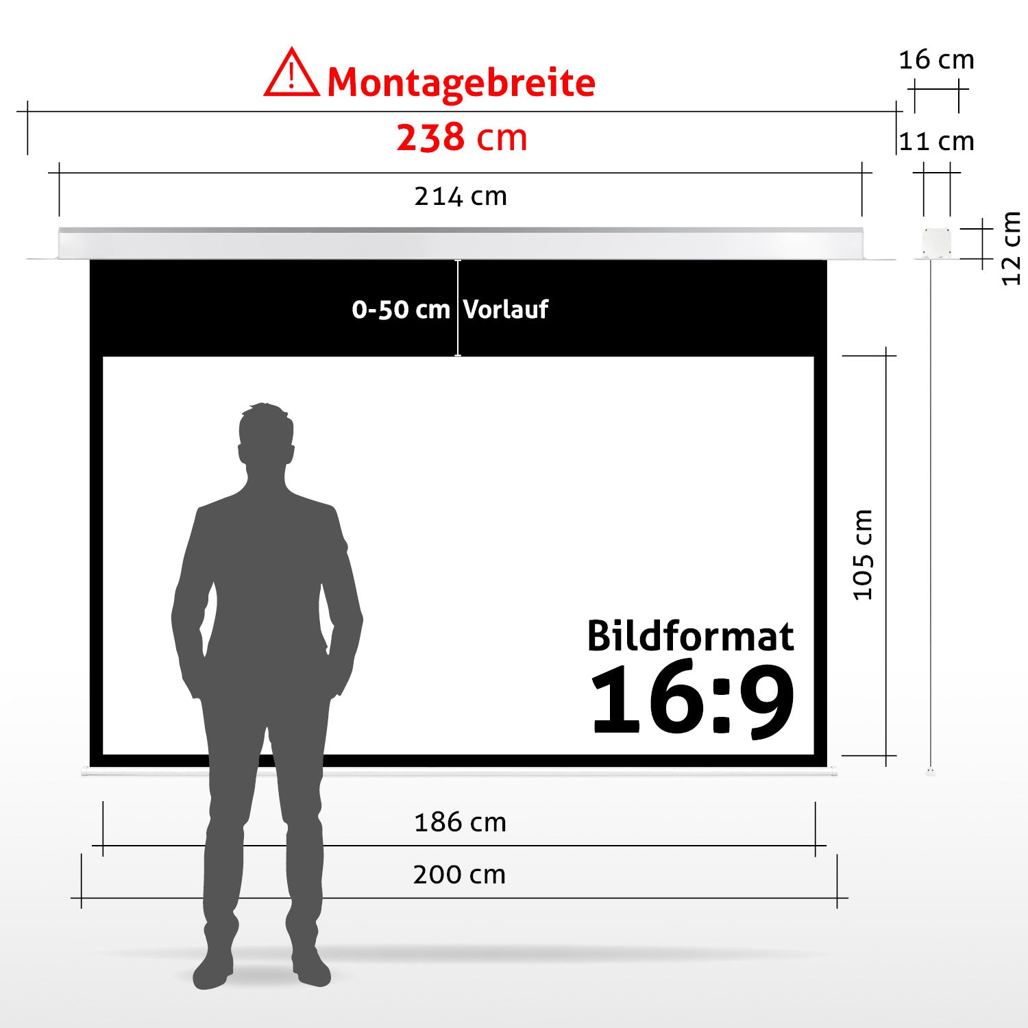 Eine Männersilhouette steht vor einer Projektionsleinwand. Abmessungen sind angegeben. Text beinhaltet 'Montagebreite', 'Bildformat 16:9'.