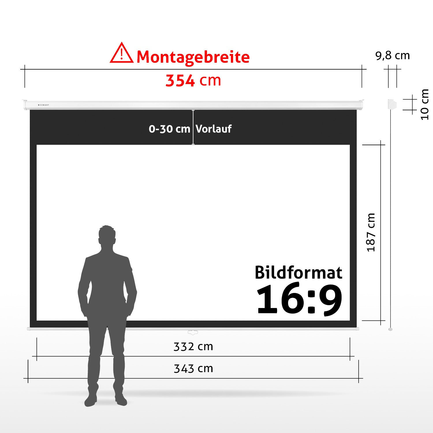 Eine Projektorleinwand mit Maßen. Eine Person steht vor der Leinwand. Text über die Abmessungen wird angezeigt.