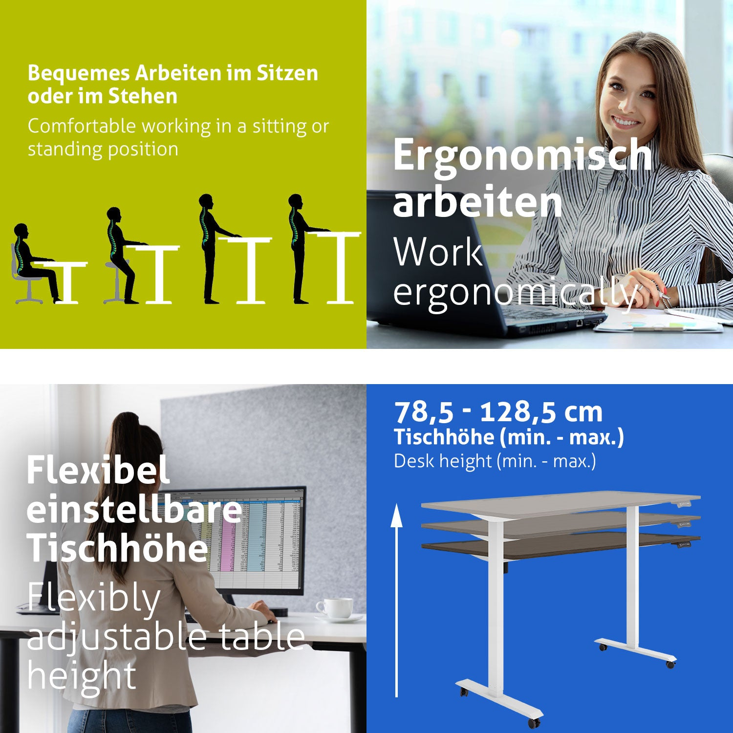 Das Bild zeigt ergonomische Arbeitsplatzkonzepte: Sitzen/Stehen, eine Frau am Schreibtisch, höhenverstellbarer Tisch.