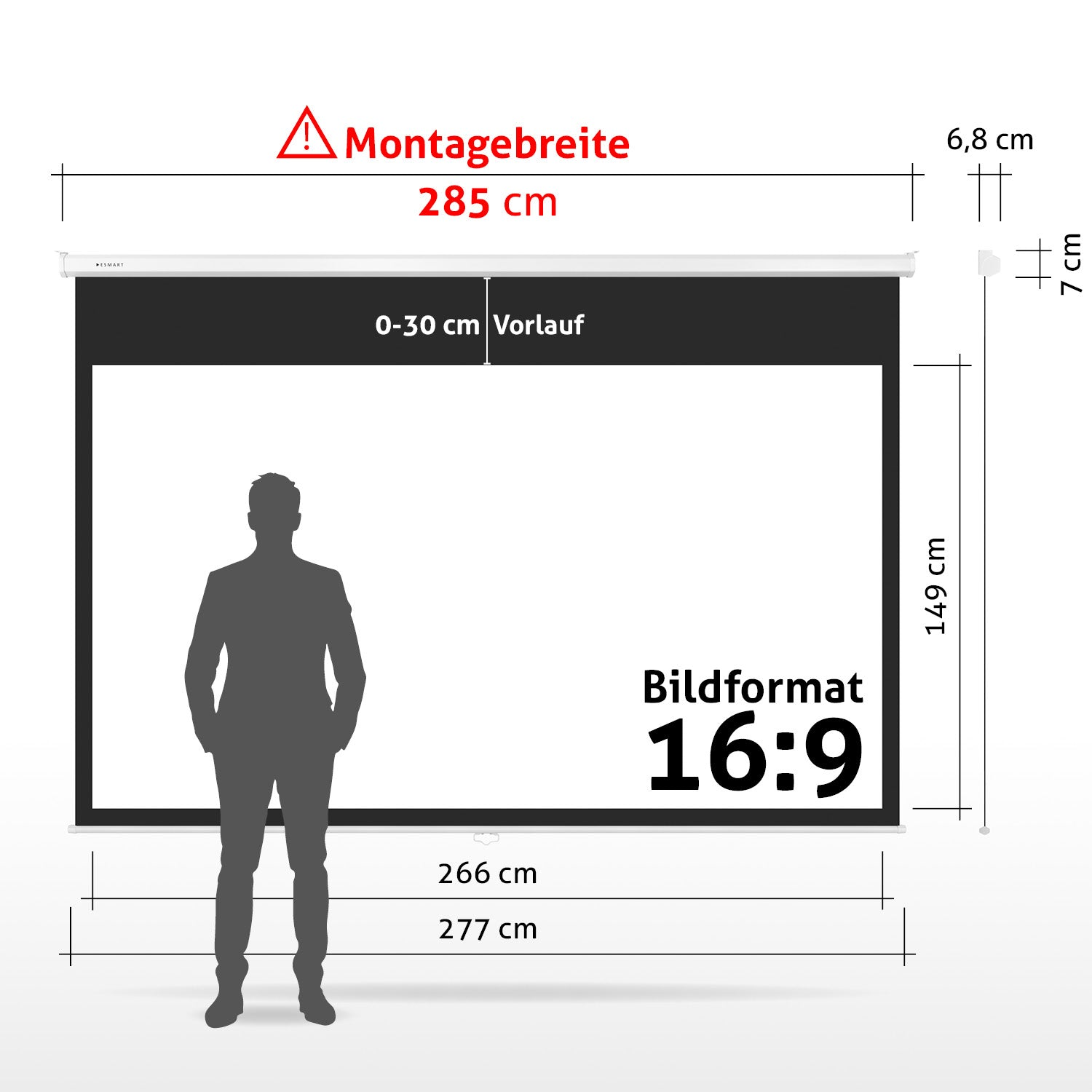 Eine Projektionsleinwand mit einer Männersilhouette davor. Abmessungen, einschließlich Breite und Höhe, werden in cm angezeigt.