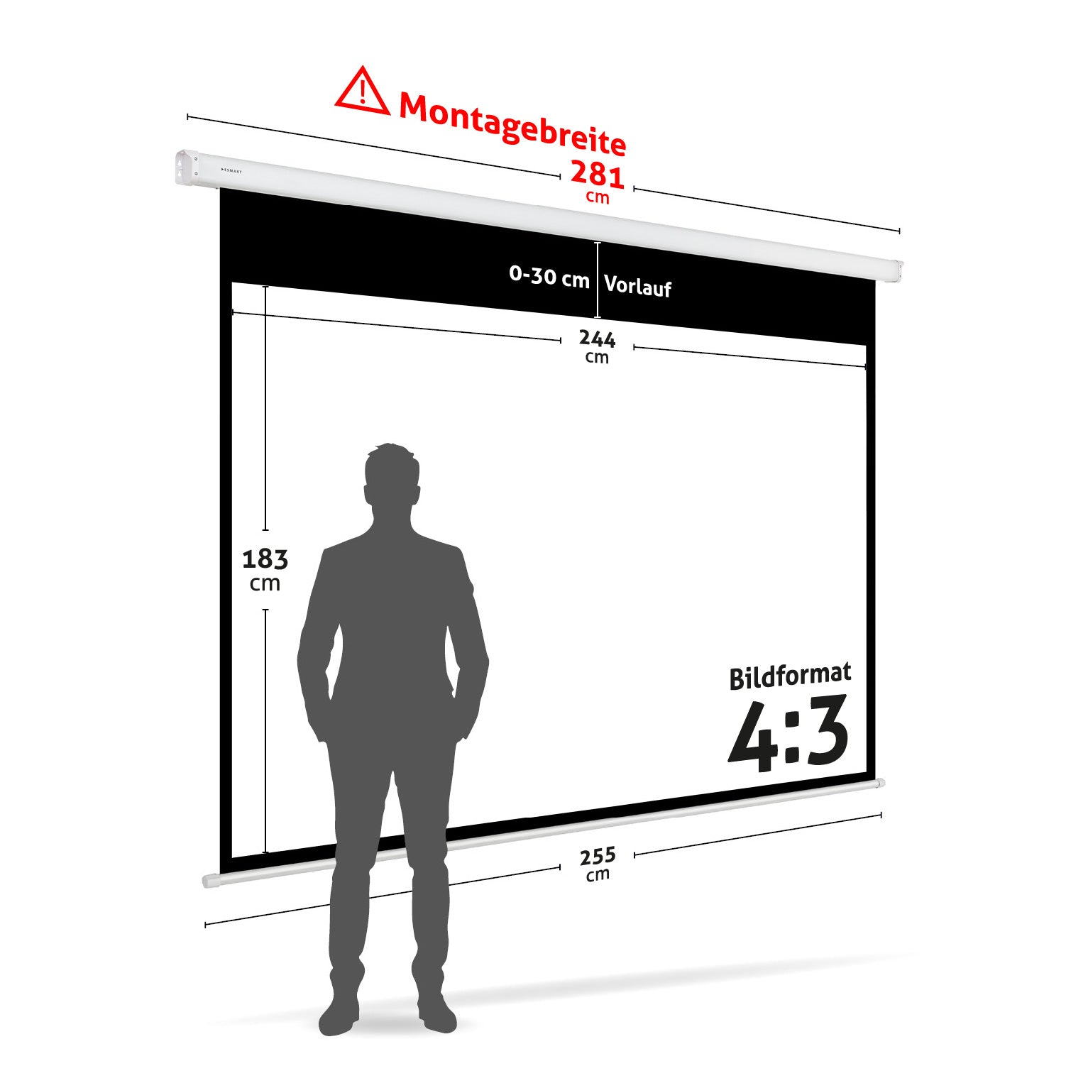 Eine Projektionsleinwand mit Maßen und einer Personensilhouette. Text zeigt Abmessungen und Seitenverhältnis 4:3.