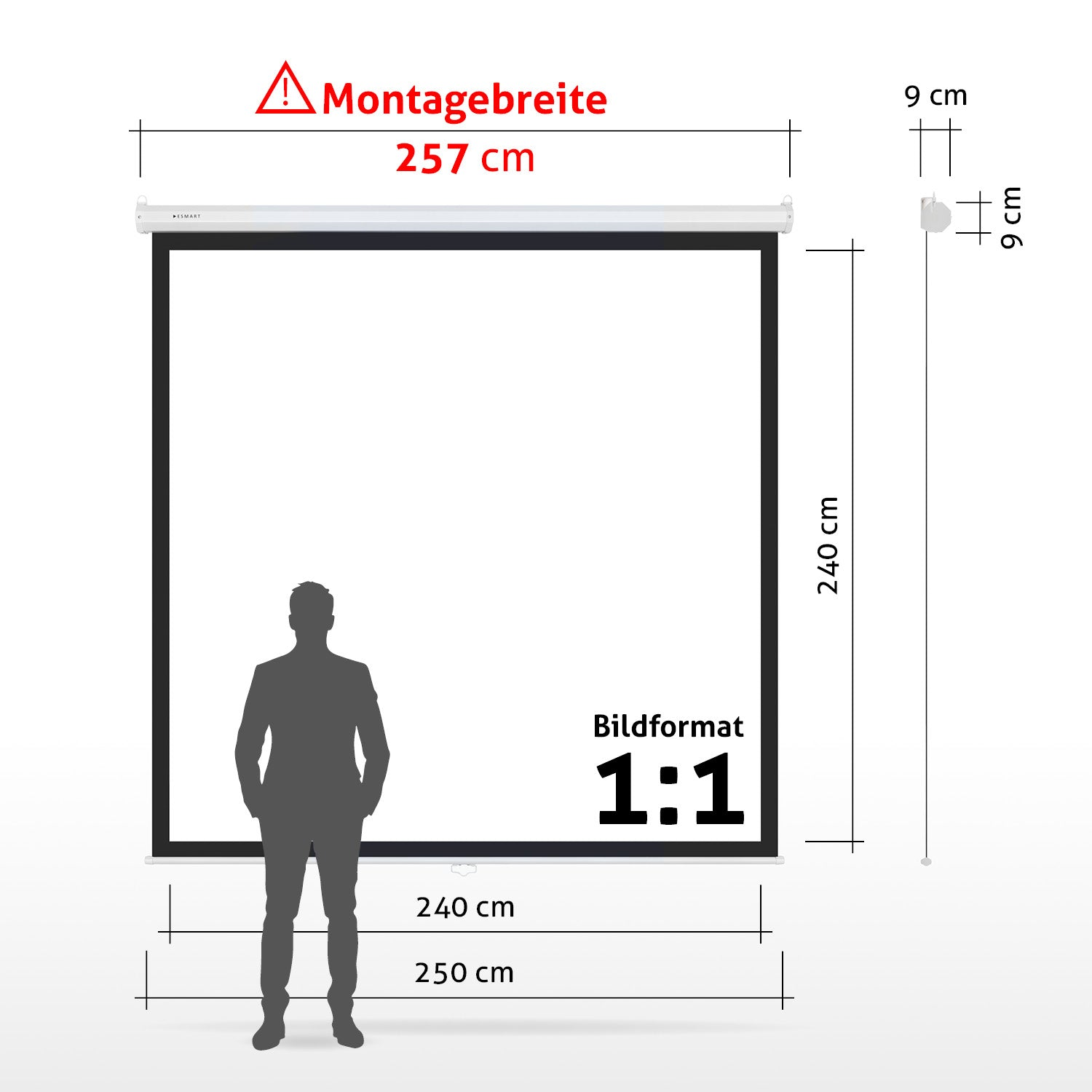 Eine Projektionsleinwand mit Abmessungen, Größe und Seitenverhältnis. Eine Person Silhouette steht vor der Leinwand.