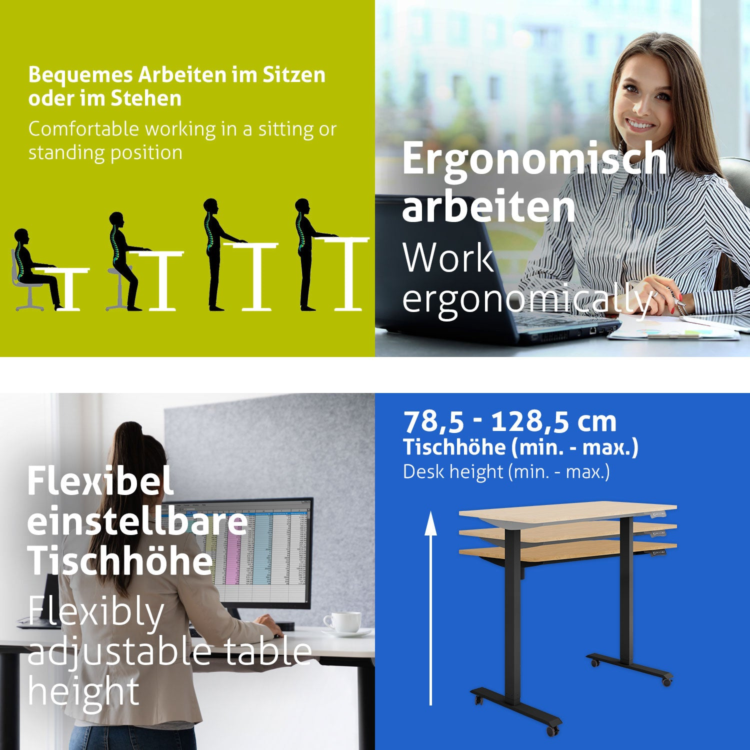 Das Bild zeigt eine Frau, die an einem Laptop arbeitet, sowie Illustrationen zur ergonomischen Arbeitshaltung und höhenverstellbaren Schreibtischen.