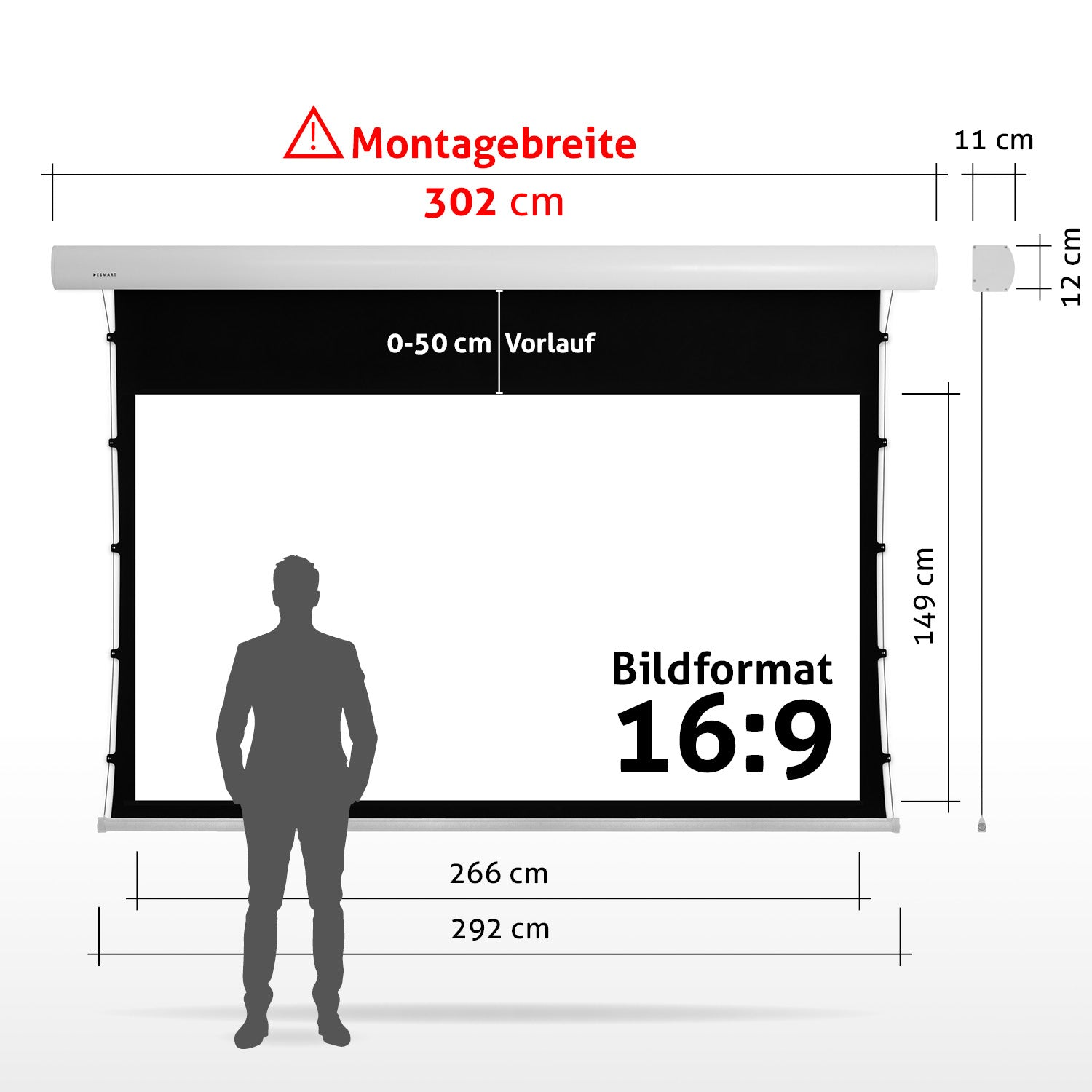 Eine Projektionsleinwand mit Maßen und einer Personensilhouette davor. Maße umfassen Breite, Höhe und Bildschirmformat.