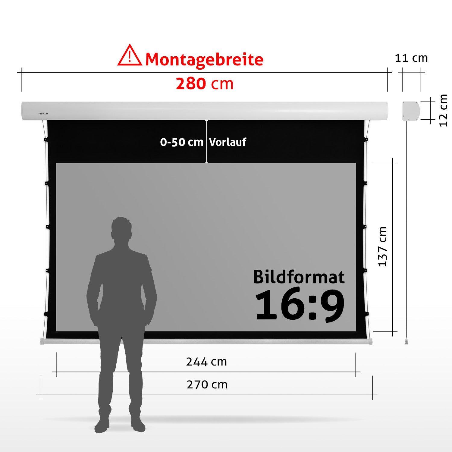Eine Projektionsleinwand mit Maßen und einer Personensilhouette davor. Abmessungen sind in cm angegeben.