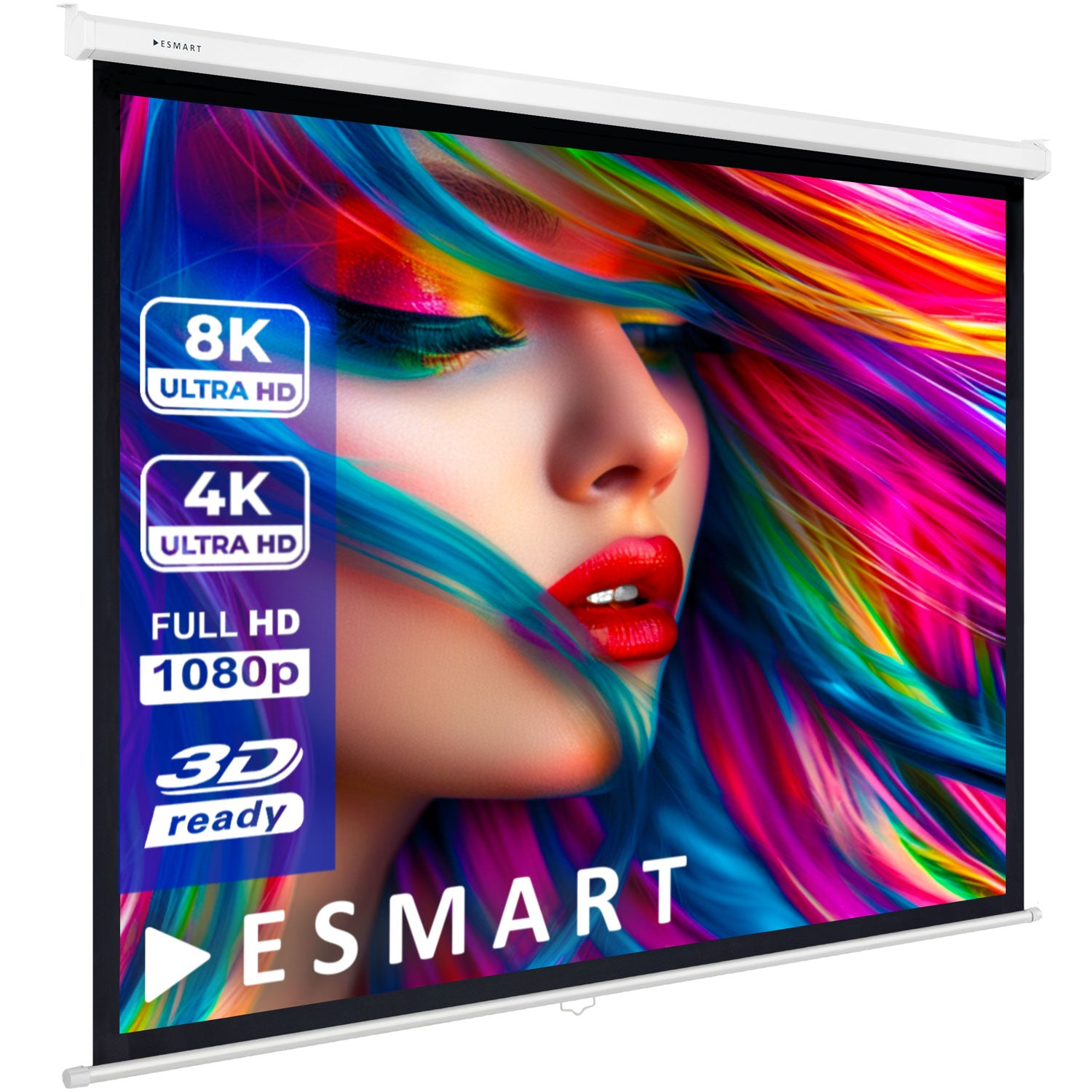 Eine Projektorleinwand mit einem bunten Bild einer Frau. Sie zeigt 8K, 4K, Full HD und 3D ready an. Markenname ist ESMART.