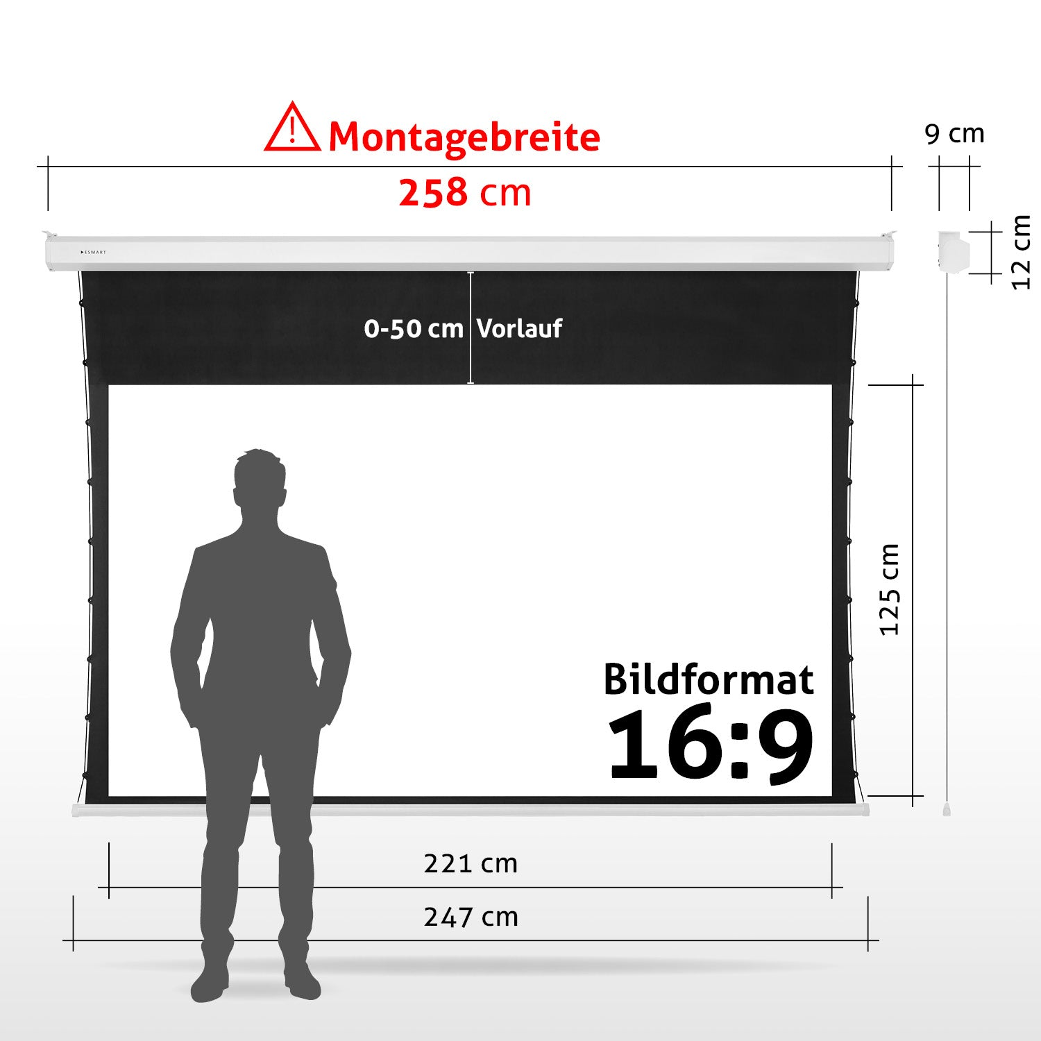 Eine Projektionsleinwand mit einer Männersilhouette davor. Abmessungen in cm. Format 16:9.