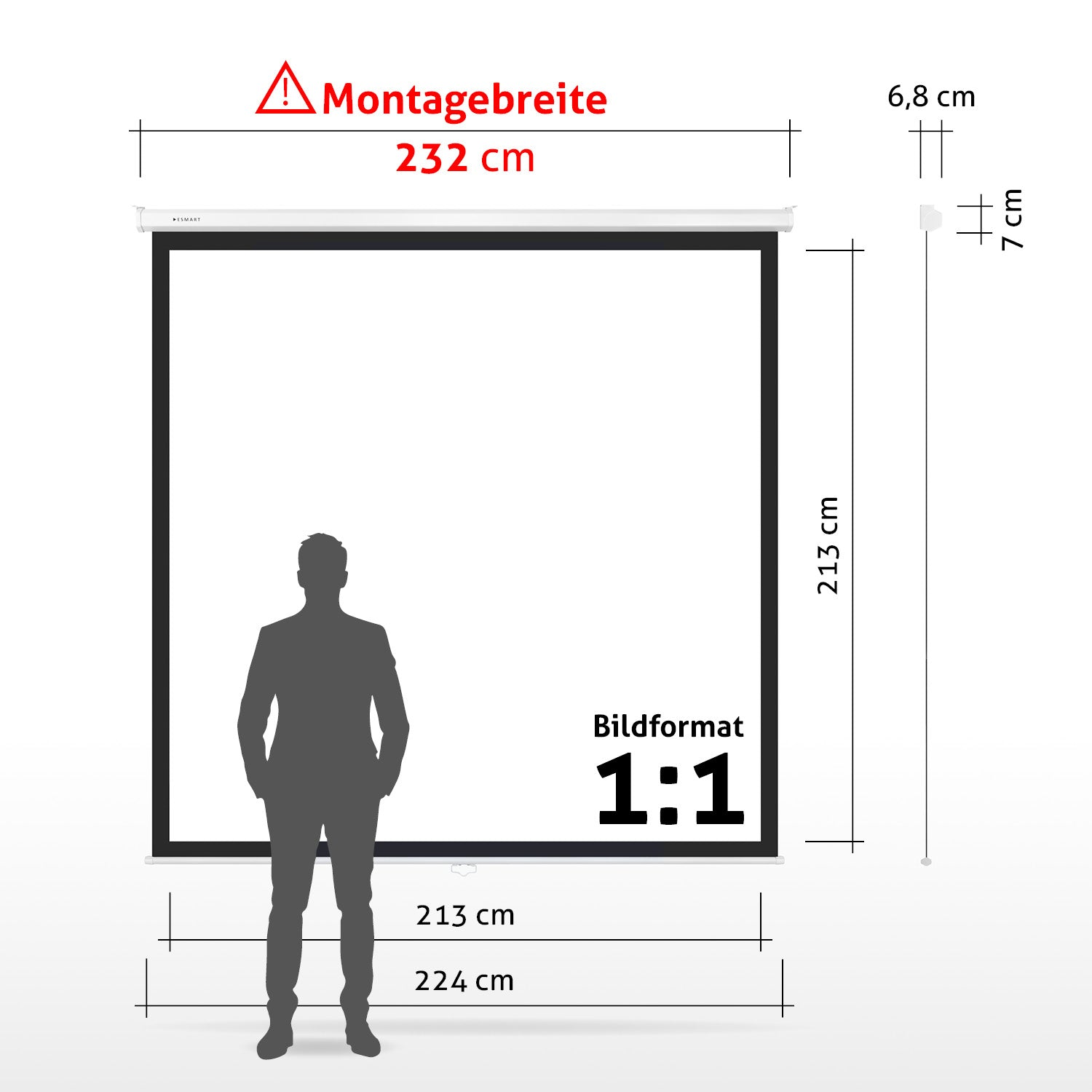 Ein Mann steht vor einer Projektionsleinwand. Abmessungen und Spezifikationen werden angezeigt, einschließlich Größe und Seitenverhältnis.