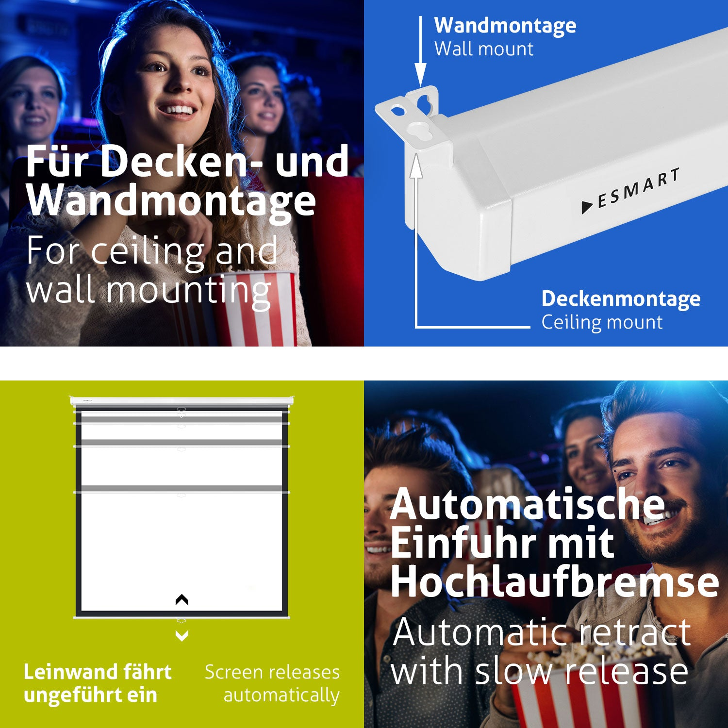 Das Bild zeigt Kinobesucher, eine Projektionsleinwand und eine Wandhalterung. Text beschreibt Funktionen wie Wand-/Deckenmontage und automatisches Einziehen.