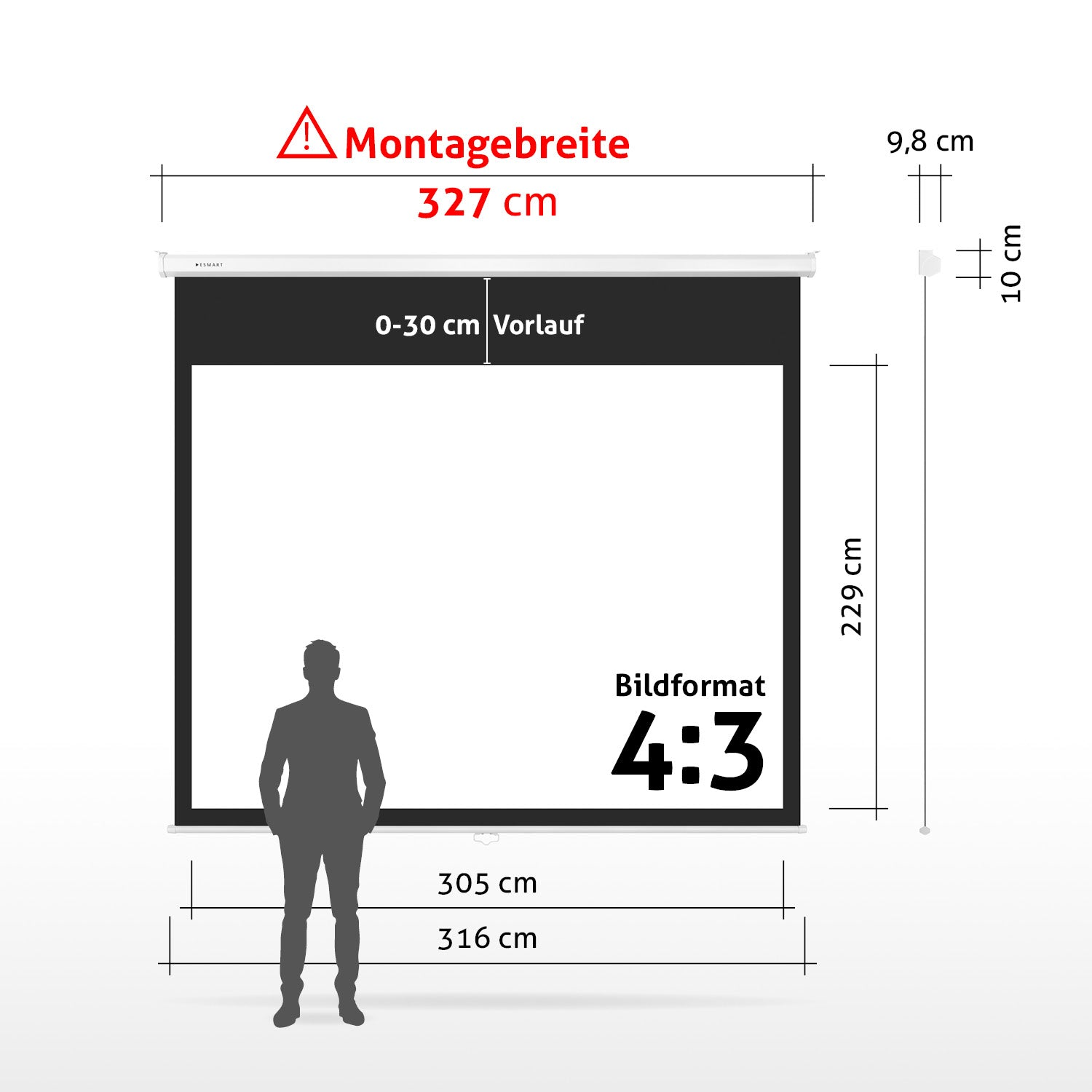 Eine Projektionsleinwand mit einer Männersilhouette davor. Abmessungen: Breite 327cm, Höhe 229cm, Format 4:3.