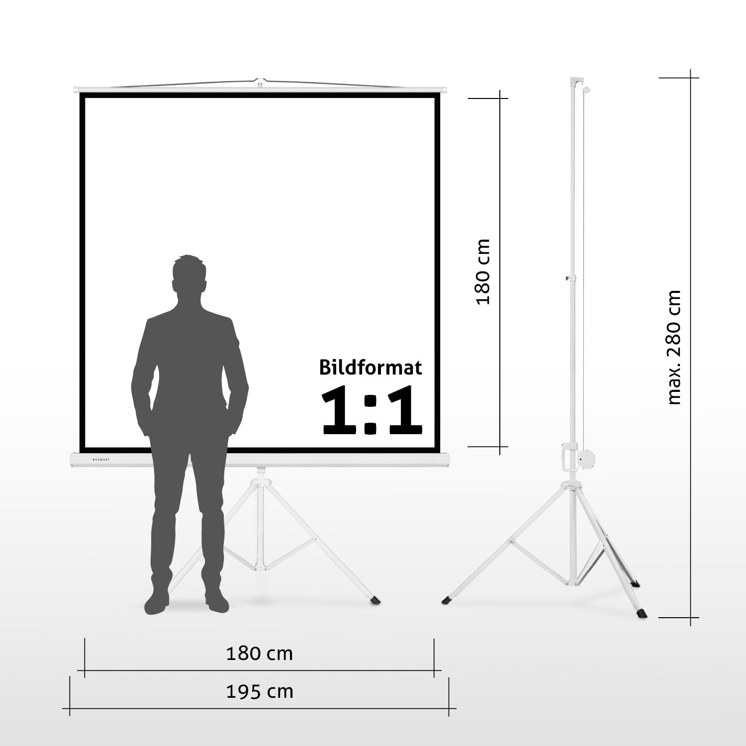 Eine Projektionsleinwand auf einem Stativ, eine Person als Silhouette, Abmessungen in cm angegeben. Das Format der Leinwand ist 1:1.