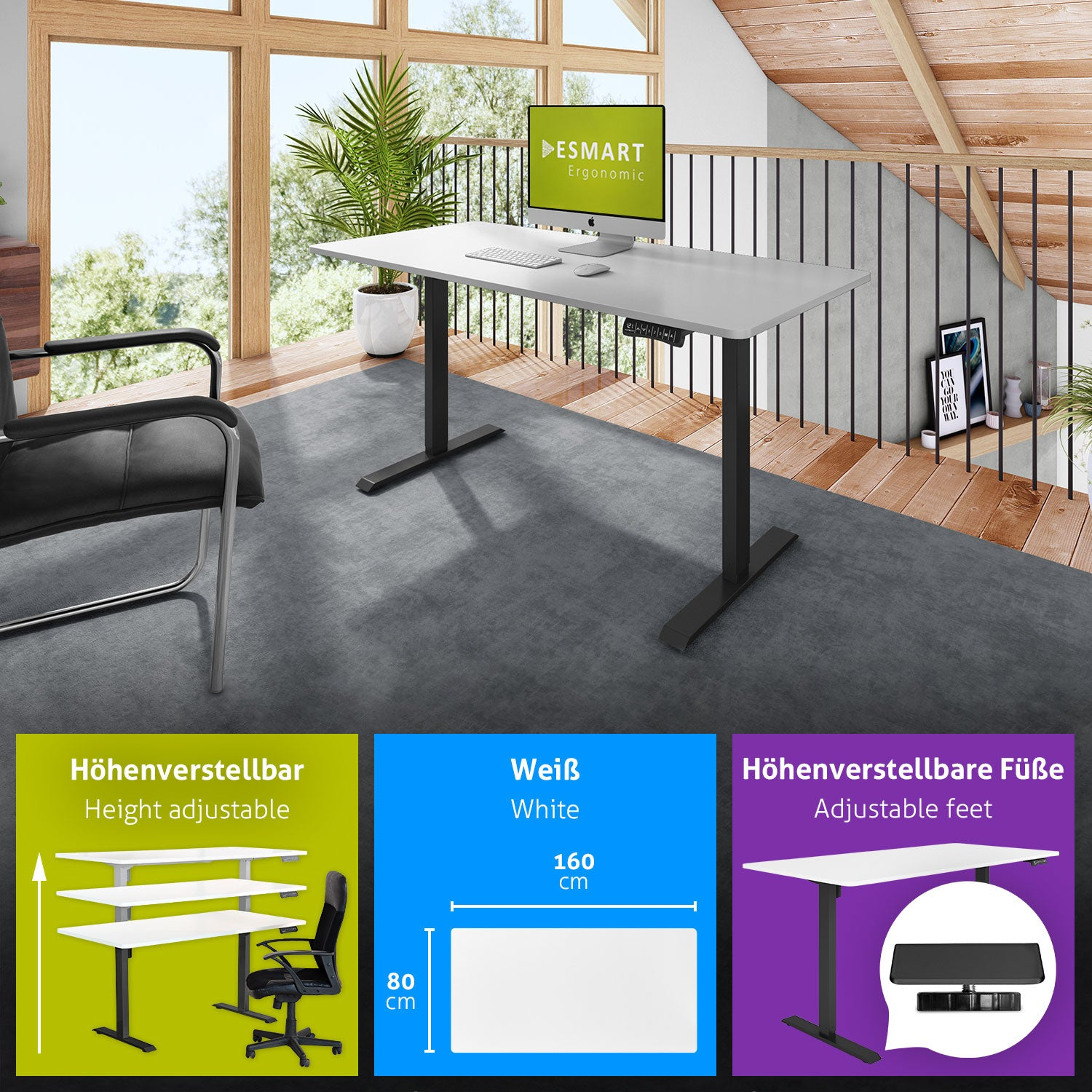 Ein weißer, höhenverstellbarer Schreibtisch mit Computer, Stuhl und Pflanze in einem modernen Raum, mit Produktdetails.