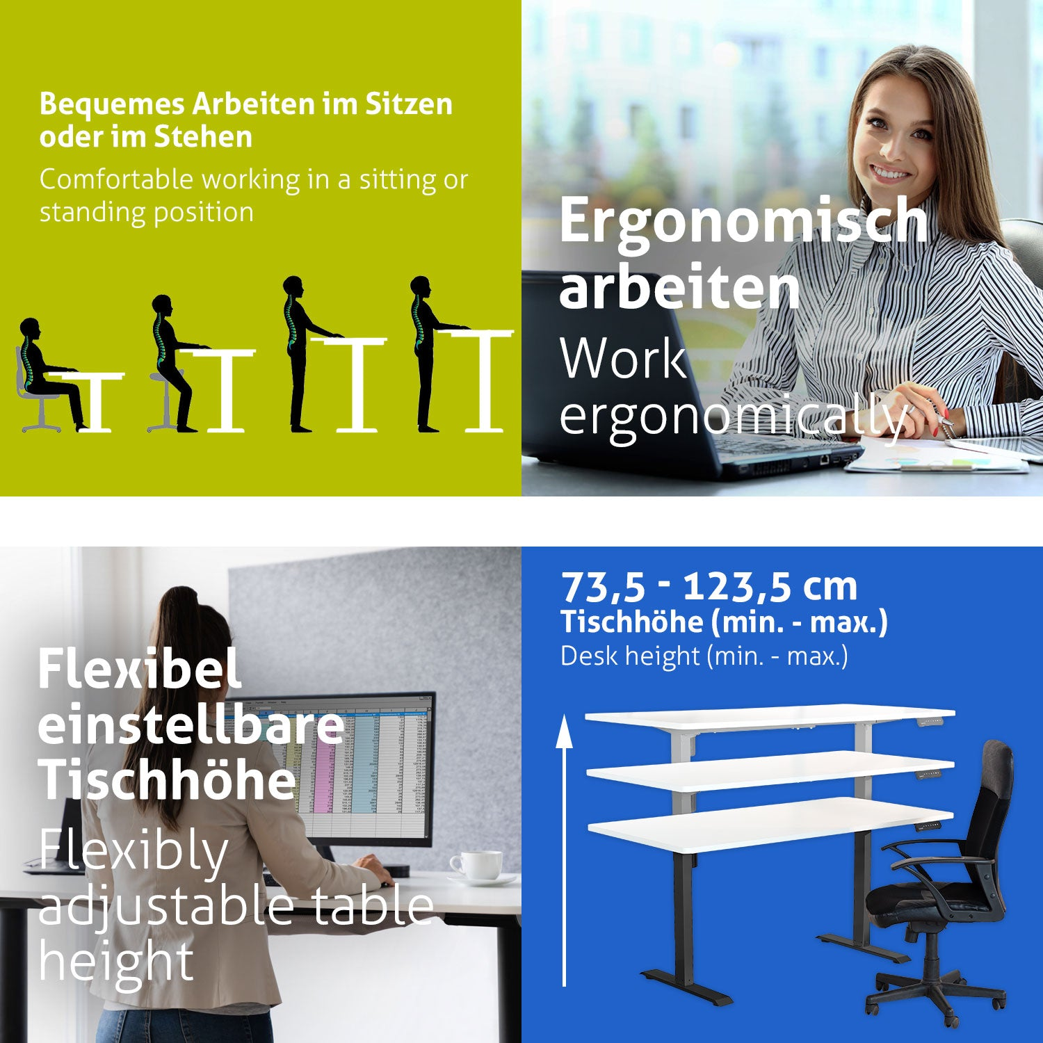 Das Bild zeigt ein ergonomisches Büro: Steh-/Sitzoptionen, eine arbeitende Frau, einen verstellbaren Schreibtisch und Schreibtischhöhenmessungen.