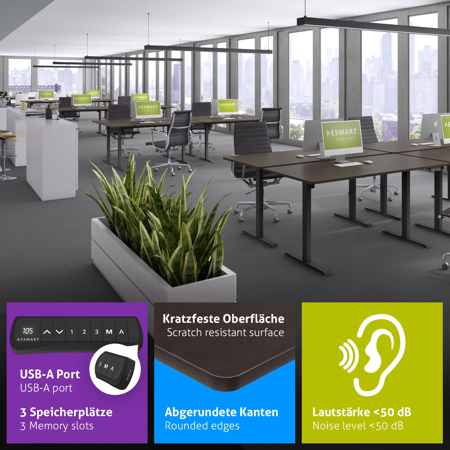 Ein Büro mit Schreibtischen, Stühlen, Computern und einer Pflanze. Details zu kratzfester Oberfläche, abgerundeten Kanten und Geräuschpegel.