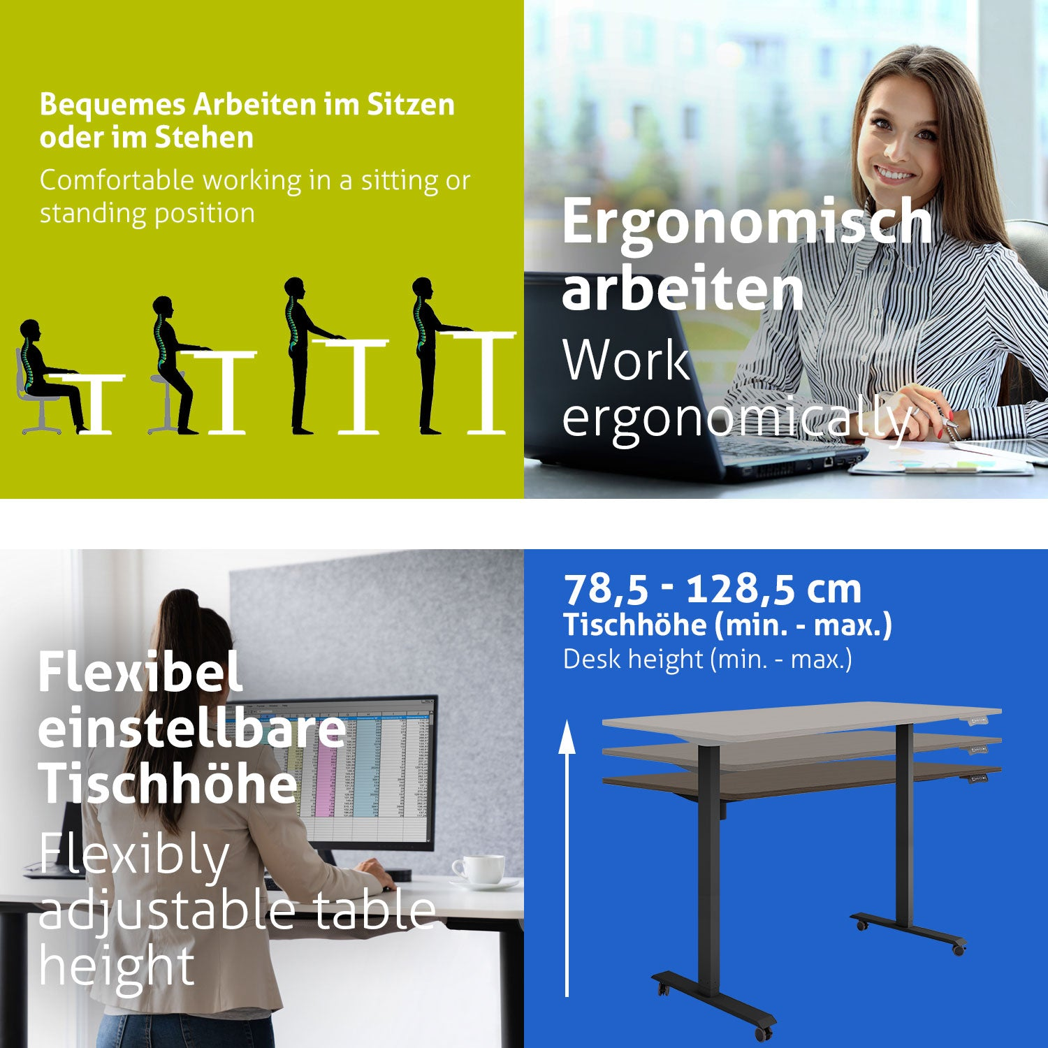 Das Bild zeigt ergonomische Arbeitsplatzkonzepte: Sitzen/Stehen, eine Frau am Laptop, eine Frau am Monitor und einen höhenverstellbaren Schreibtisch.