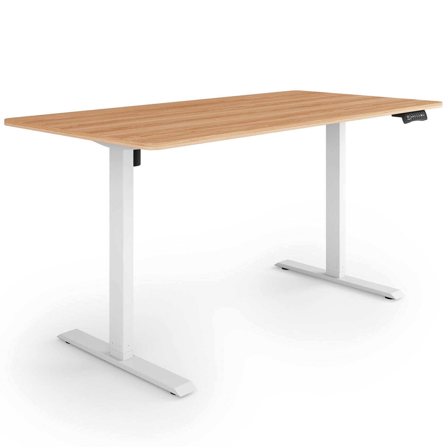 Ein höhenverstellbarer Schreibtisch. Er hat eine helle Holzplatte und weiße Beine. Bedienfeld auf der rechten Seite.
