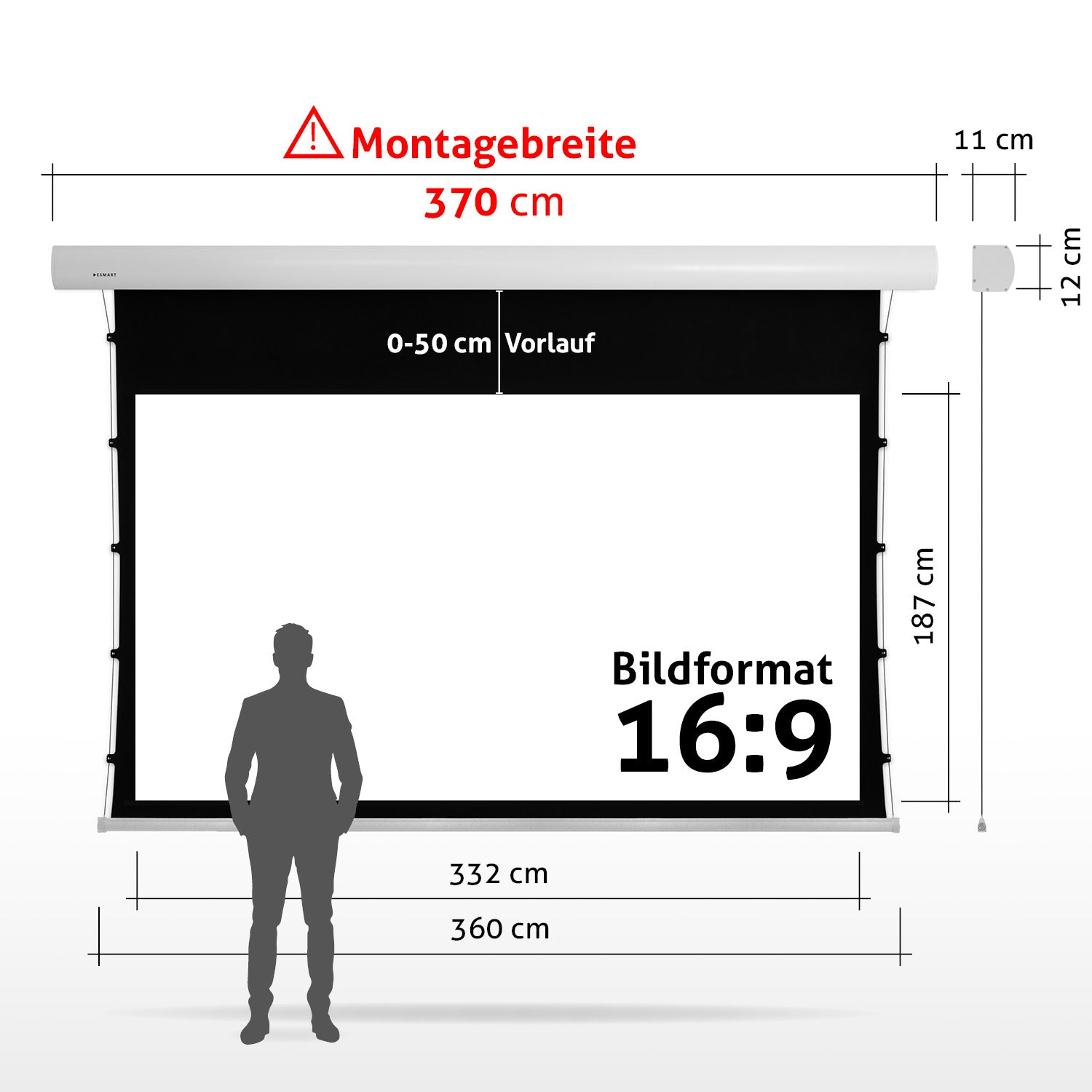 Eine Projektionsleinwand mit Maßen und einer Personensilhouette wird angezeigt. Maße umfassen Breite, Höhe und Bildschirmformat.