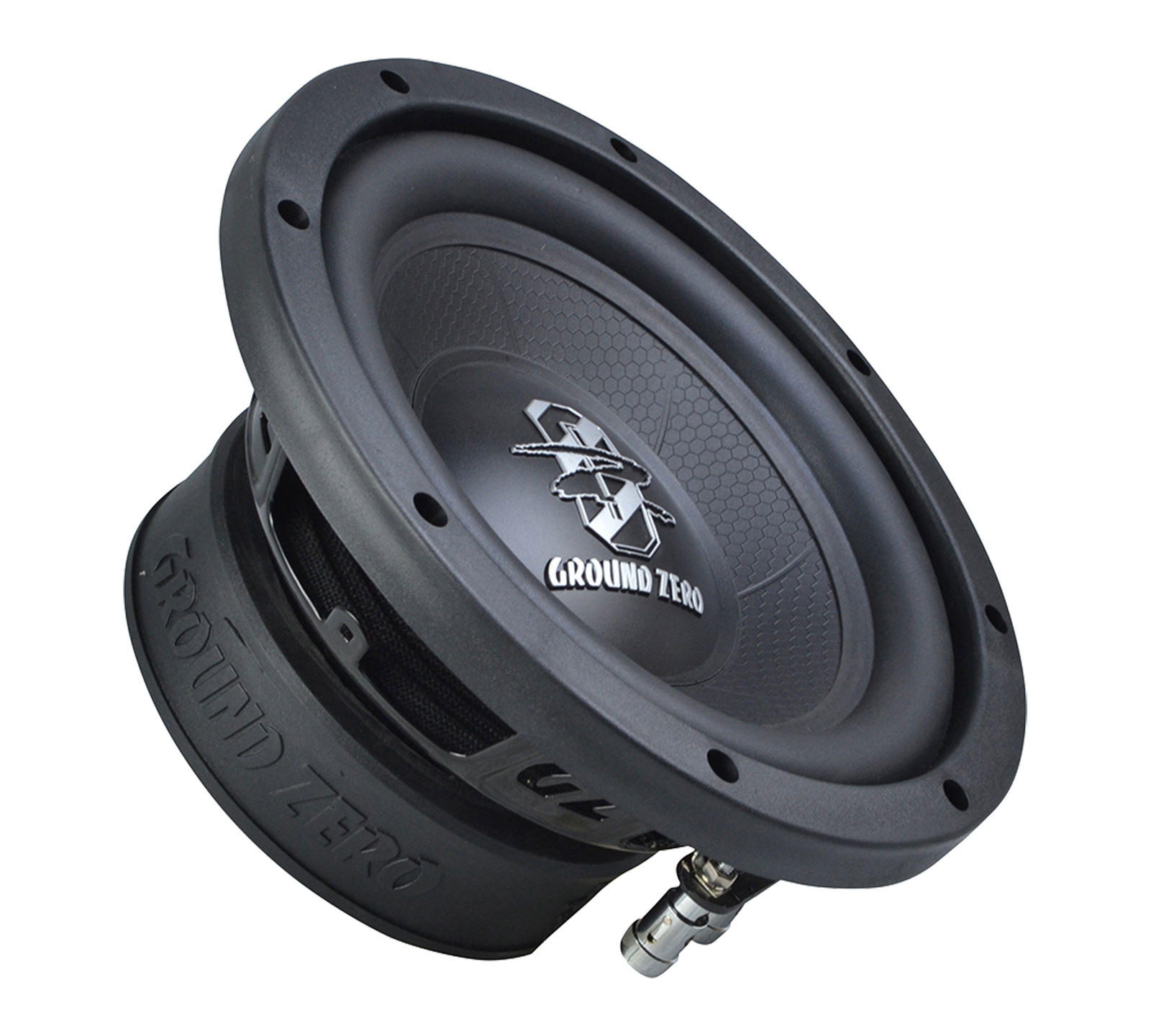 Ein schwarzer Ground Zero Subwoofer. Er hat eine runde Form mit einem zentralen Konus, einem metallischen Logo und einem Seitenanschluss für die Verkabelung.