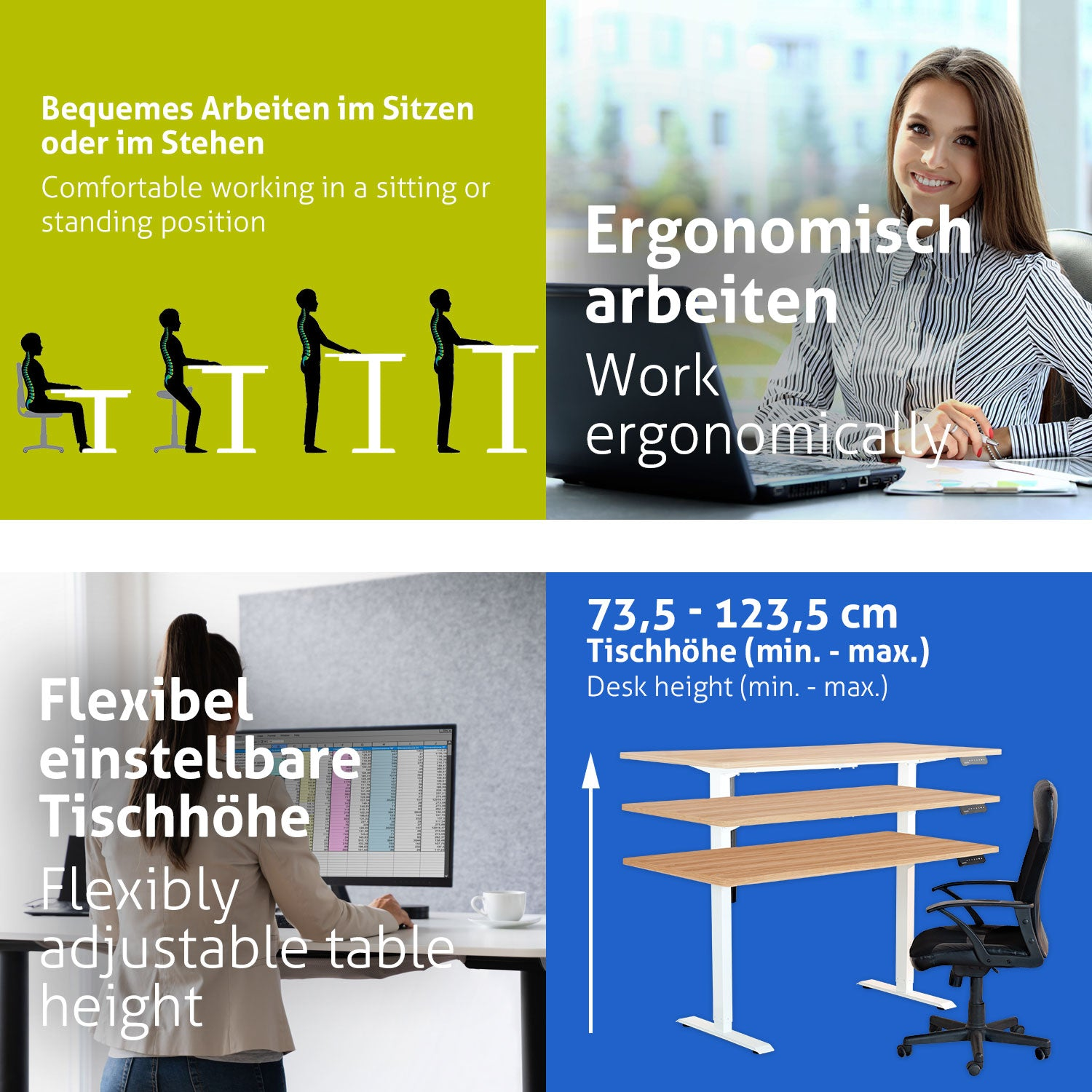 Das Bild zeigt ergonomische Arbeitsplatzkonzepte. Enthält Illustrationen von Sitzen/Stehen, eine arbeitende Frau, einen höhenverstellbaren Tisch.
