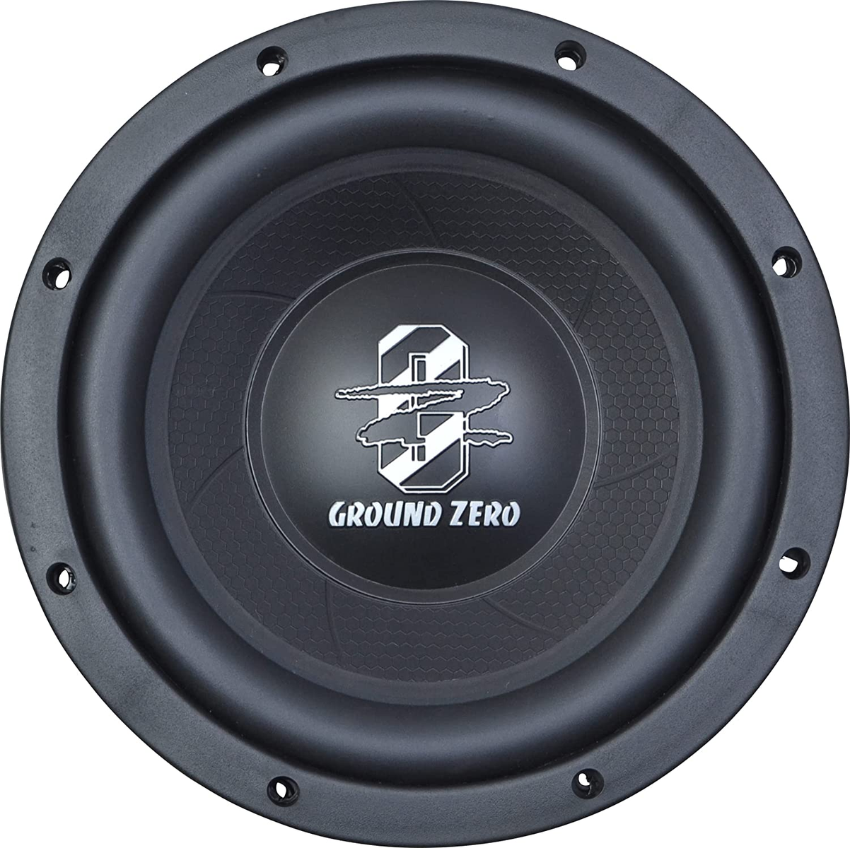 Ein schwarzer Subwoofer mit Ground Zero Logo in der Mitte. Er hat eine runde Form mit mehreren Schraubenlöchern am Rand.