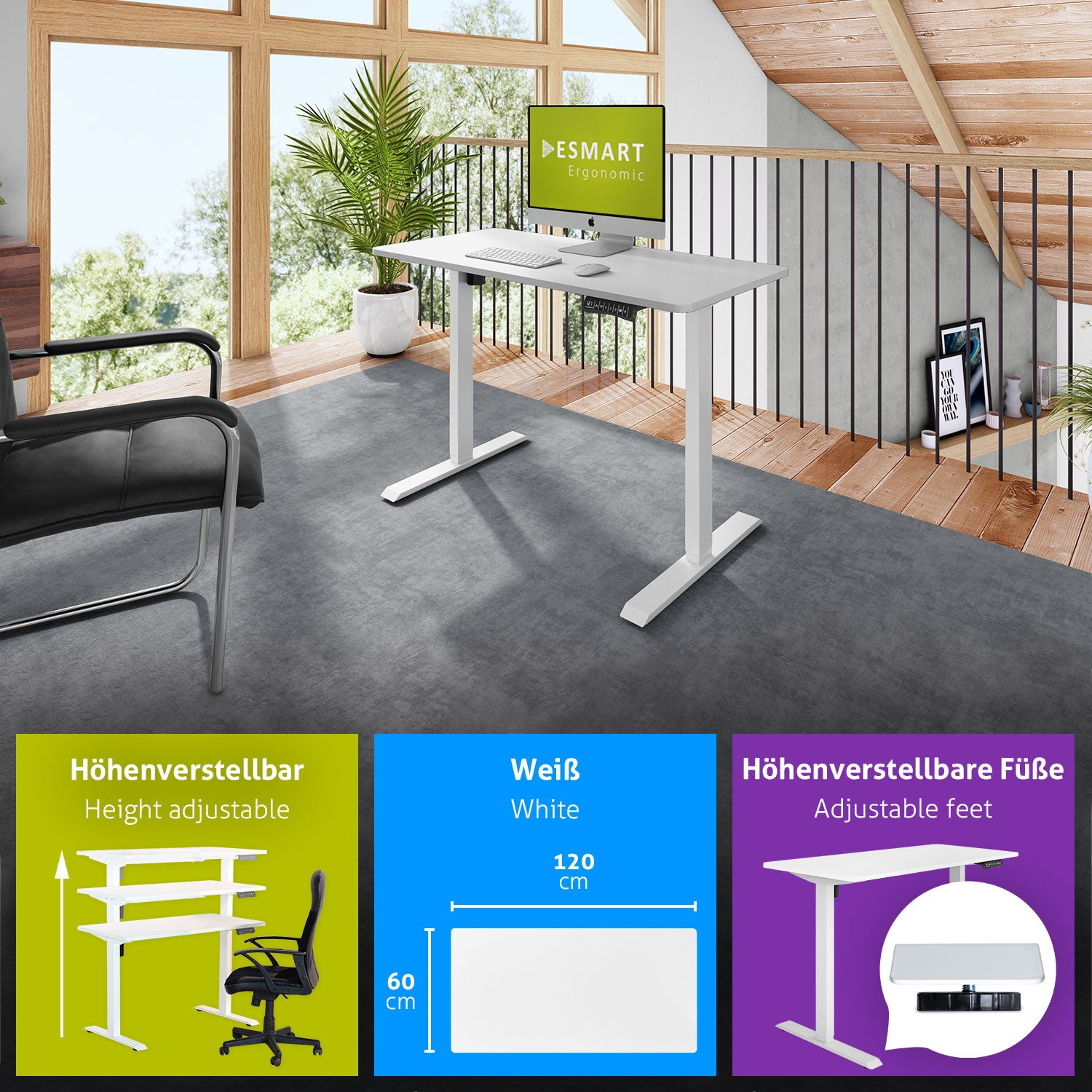 Ein weißer, höhenverstellbarer Schreibtisch mit Computer, schwarzem Stuhl und Produktdetails. Hintergrund: Fenster und Loft.