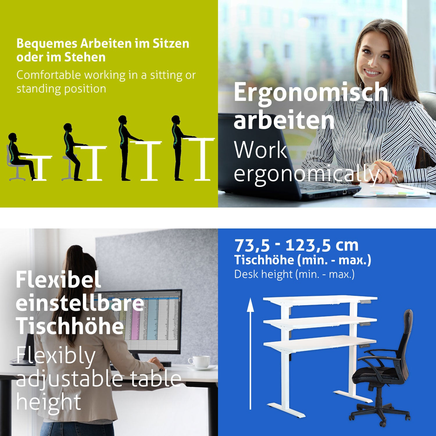 Das Bild zeigt ergonomische Arbeitslösungen. Es zeigt Sitzen/Stehen, eine arbeitende Frau, einen verstellbaren Schreibtisch und Schreibtischhöhenmessungen.