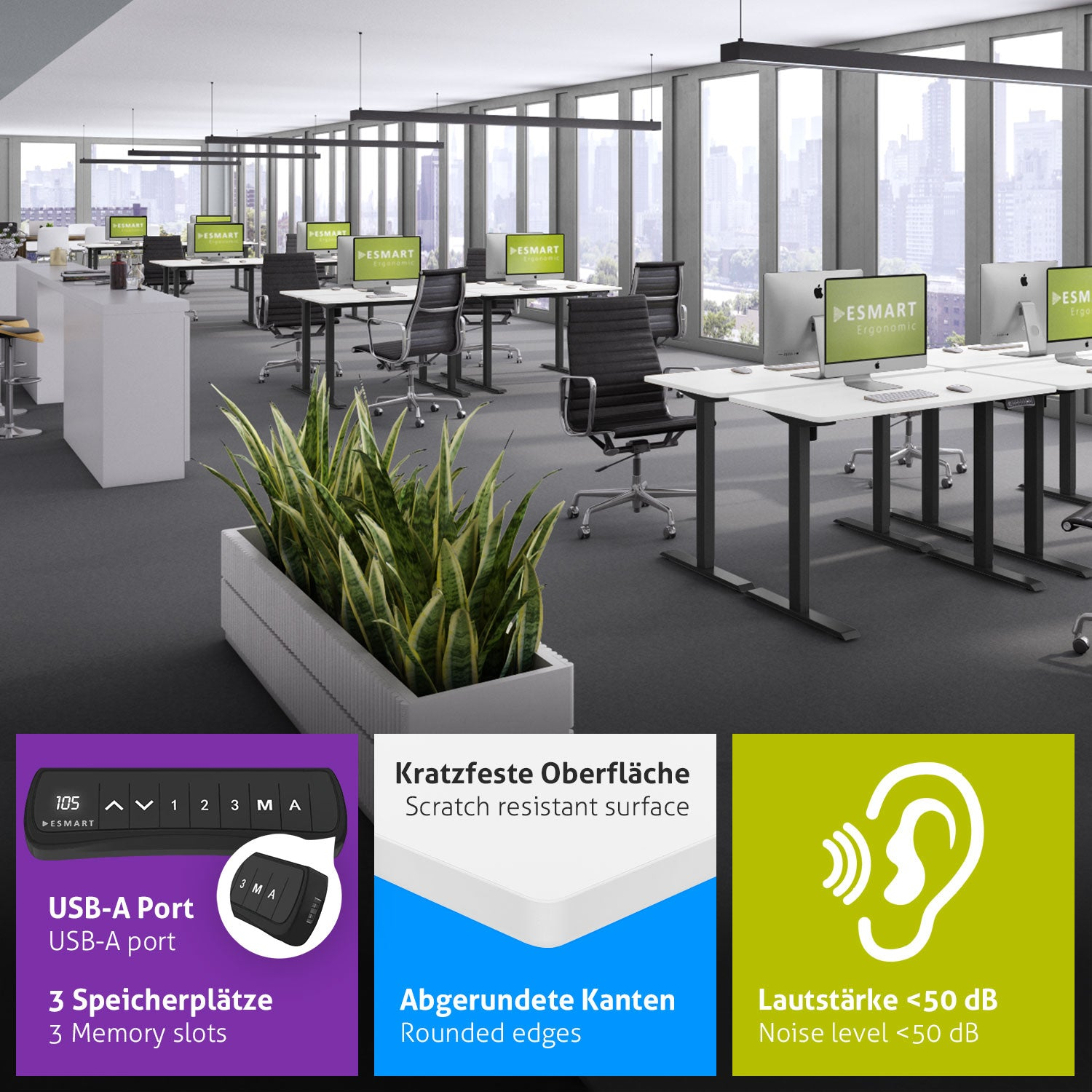 Ein Büro mit Schreibtischen, Computern und Stühlen. Eine Pflanze befindet sich im Vordergrund. Merkmale sind: USB-Anschluss, Speicherslots, abgerundete Kanten und Geräuschpegel.