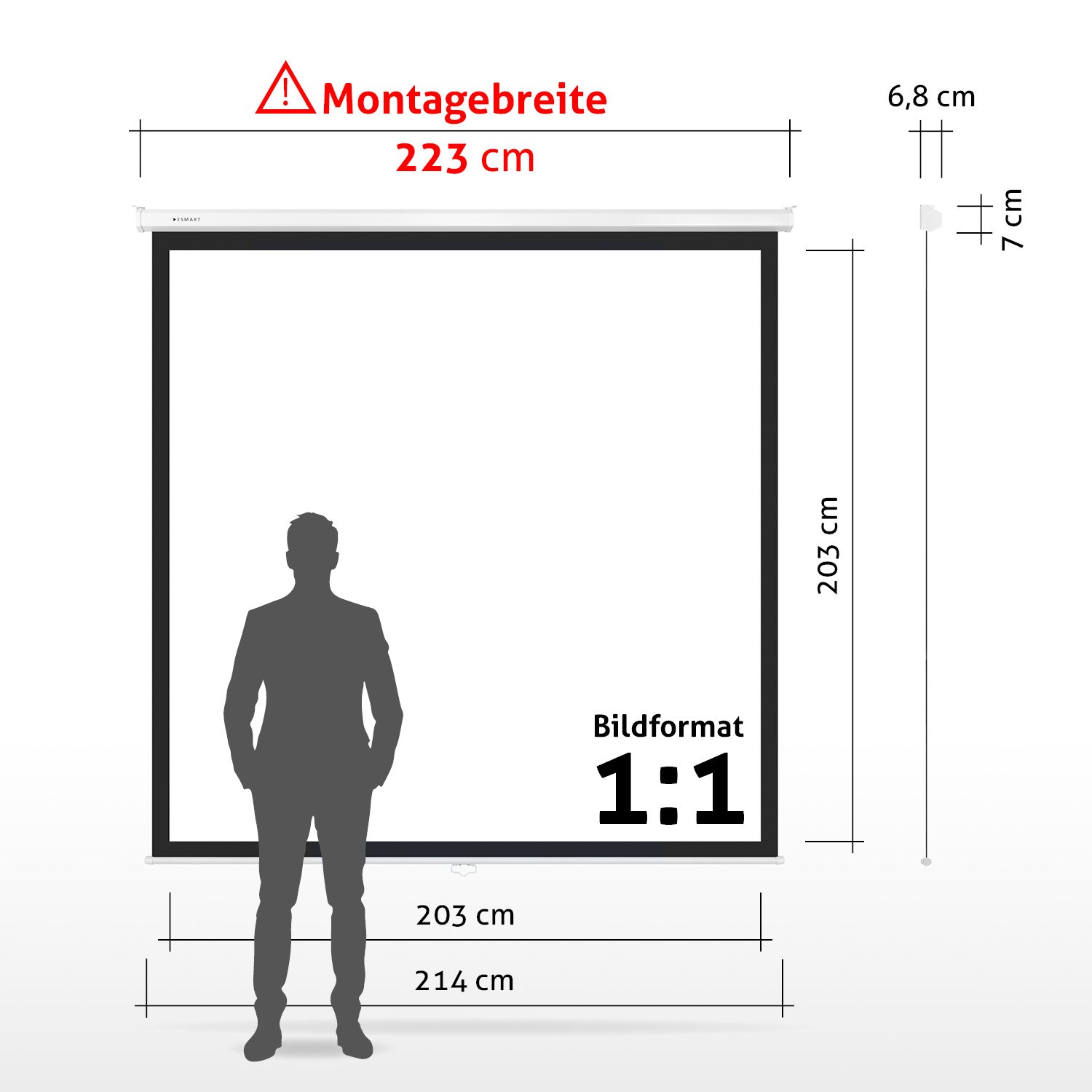 Ein Mann steht vor einer Projektionsleinwand. Abmessungen und Text sind überlagert, einschließlich 'Montagebreite 223 cm' und 'Bildformat 1:1'.