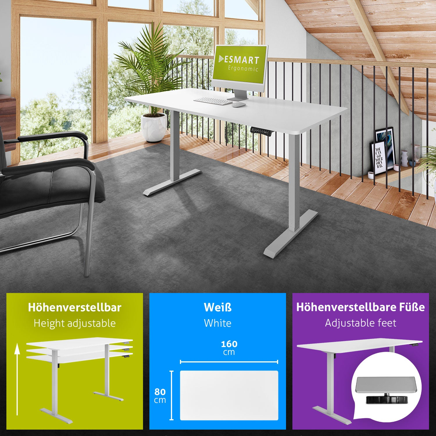 Ein weißer, höhenverstellbarer Schreibtisch mit Computer in einem Raum mit Fenster, Stuhl und einem Loft mit Geländer.