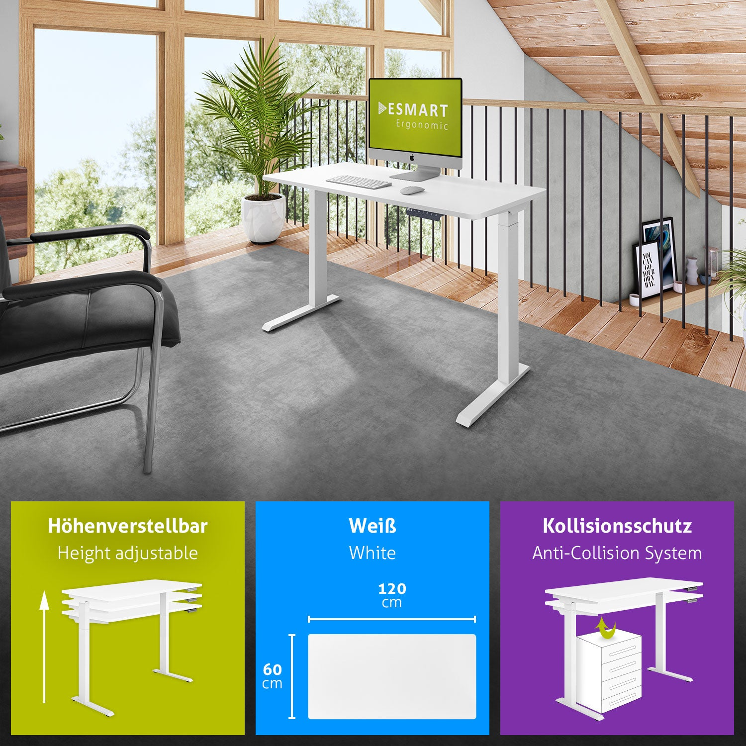 Ein weißer, höhenverstellbarer Schreibtisch mit Computer, in der Nähe eines Fensters und eines schwarzen Stuhls. Infografiken zeigen Schreibtischmerkmale.