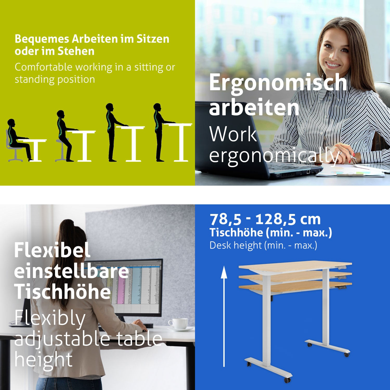 Das Bild zeigt ergonomische Arbeitskonzepte: Sitz-/Stehposition, eine arbeitende Frau, verstellbare Schreibtischhöhe und Höhenbereich.