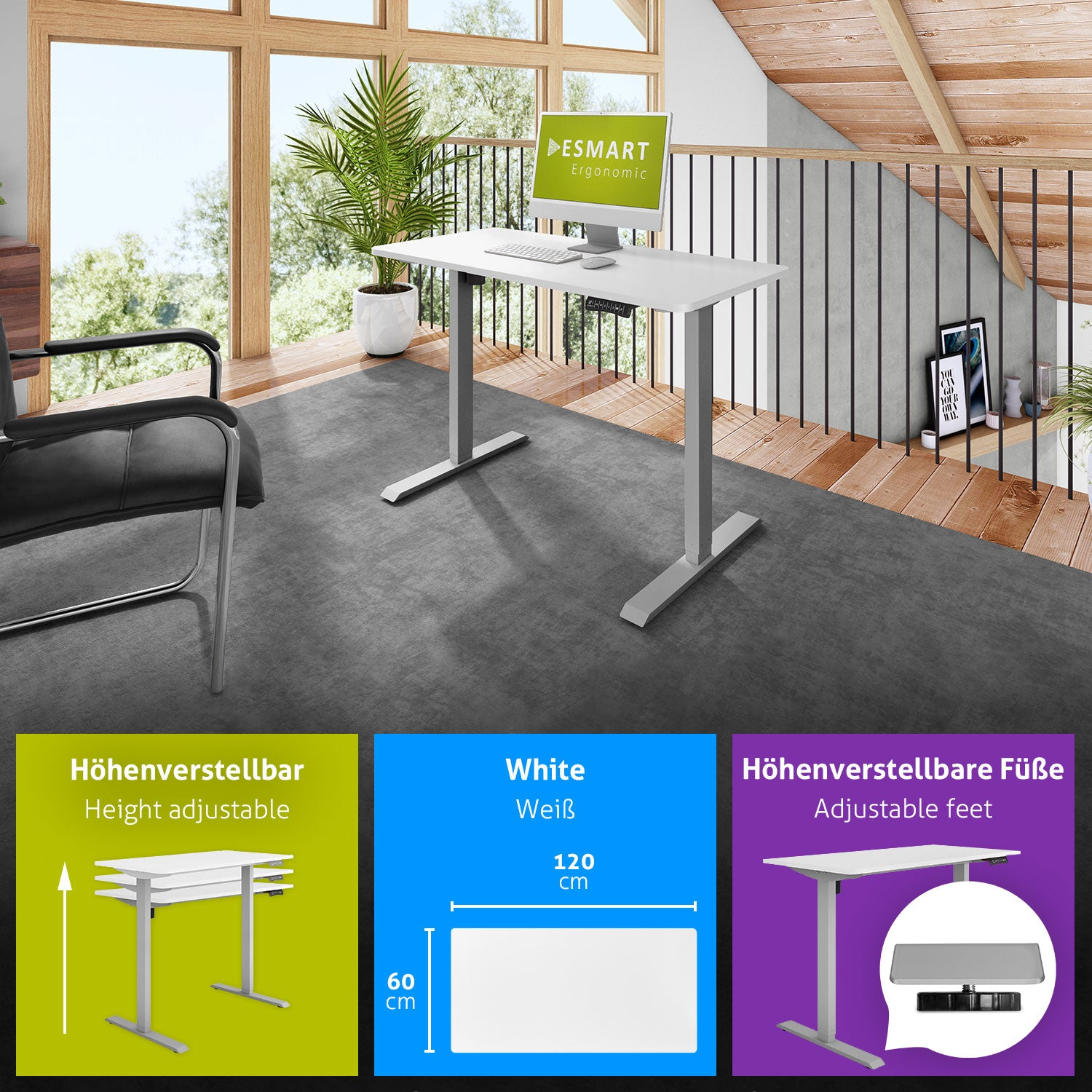 Ein weißer, höhenverstellbarer Schreibtisch mit Computer, schwarzem Stuhl und Pflanze in weißem Topf, mit Holzfenstern.