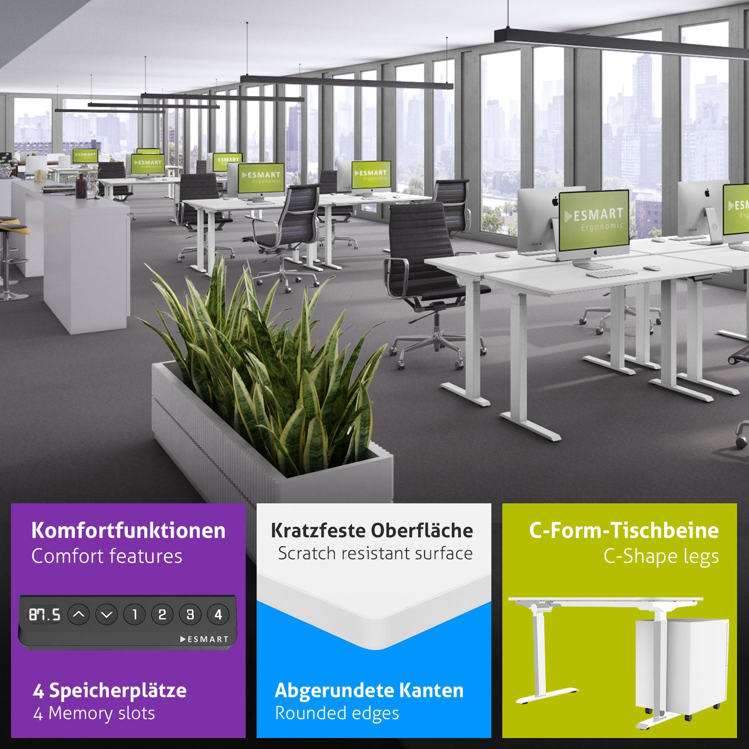 Büro mit Schreibtischen, Computern, Stühlen und Pflanzen. Merkmale sind Komfort, kratzfeste Oberfläche und C-förmige Beine.
