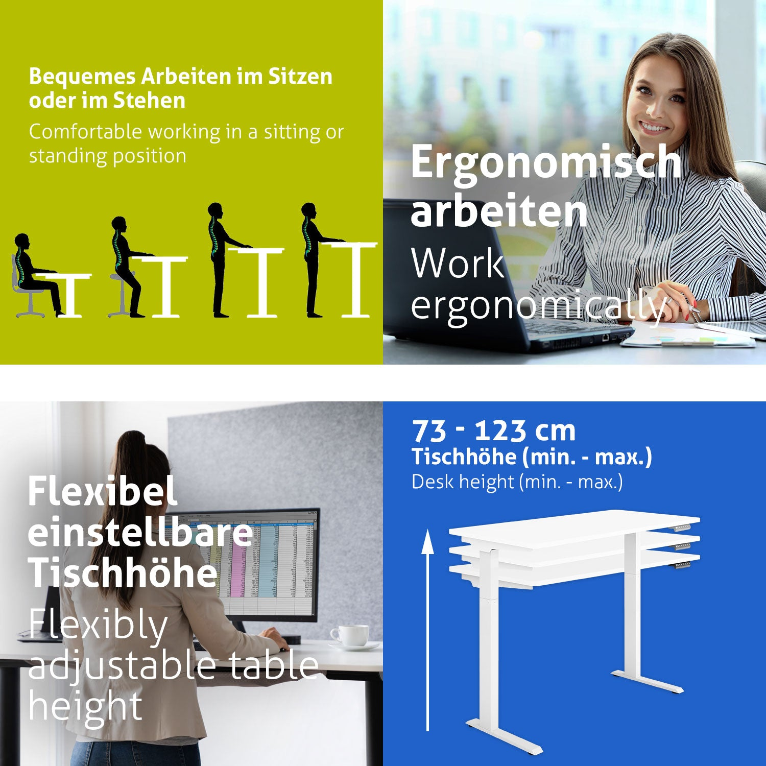 Das Bild zeigt ergonomische Arbeitsprinzipien. Es enthält Illustrationen von Sitz- und Stehhaltungen, eine arbeitende Frau und einen höhenverstellbaren Schreibtisch.