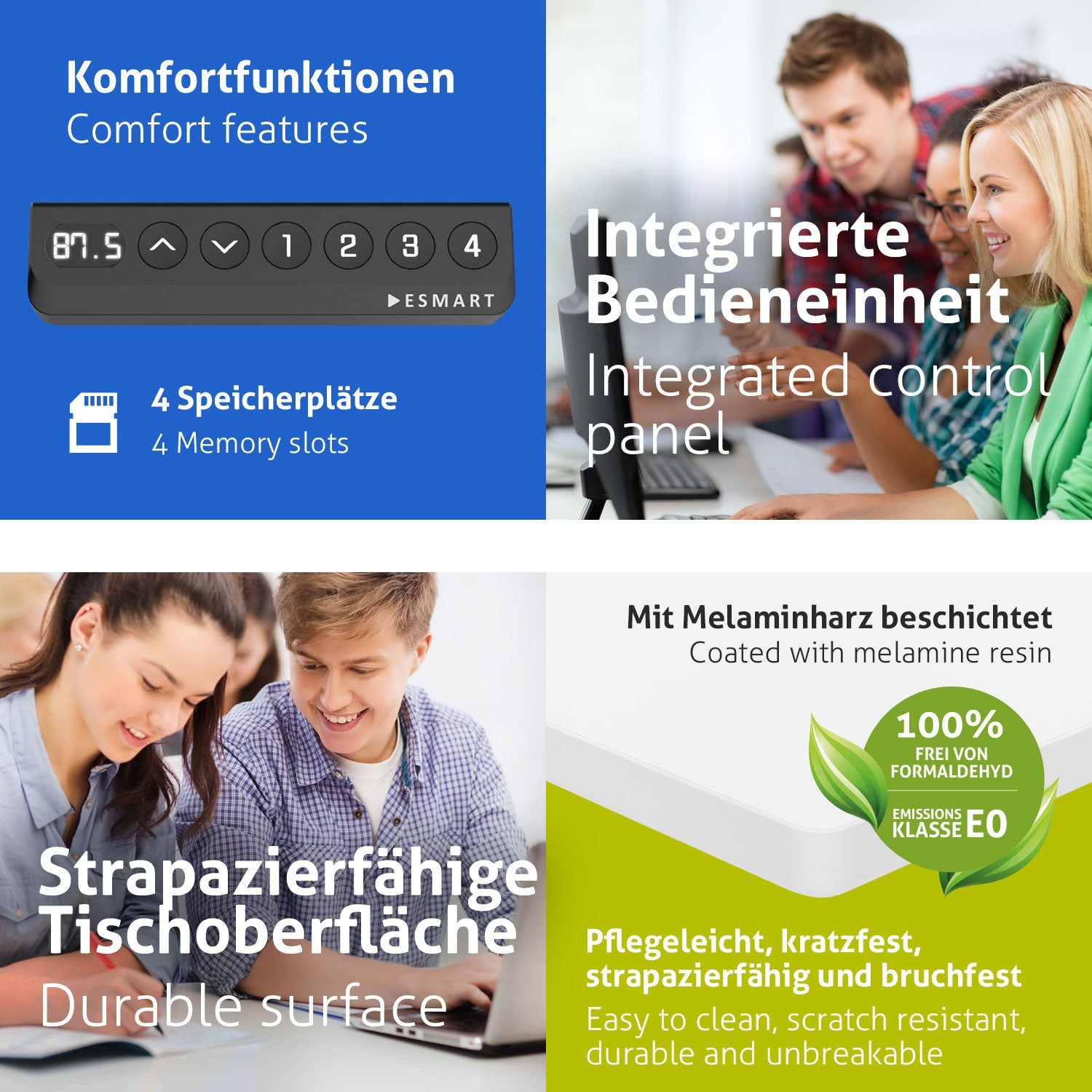 Das Bild zeigt Produktdetails und Personen, die Computer benutzen. Der Text umfasst Produktmerkmale, Bedienfeld und strapazierfähige Oberfläche.