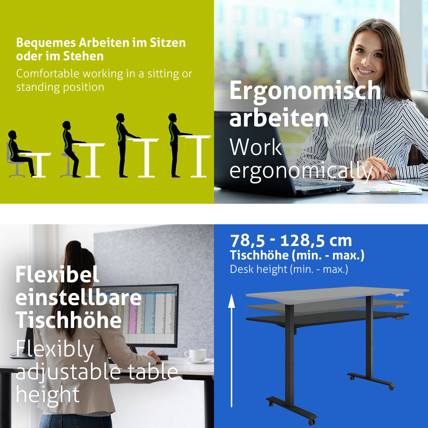 Das Bild zeigt ergonomisches Arbeiten. Es zeigt Sitz-/Stehhaltungen, eine arbeitende Frau, höhenverstellbaren Schreibtisch und Text auf Deutsch und Englisch.