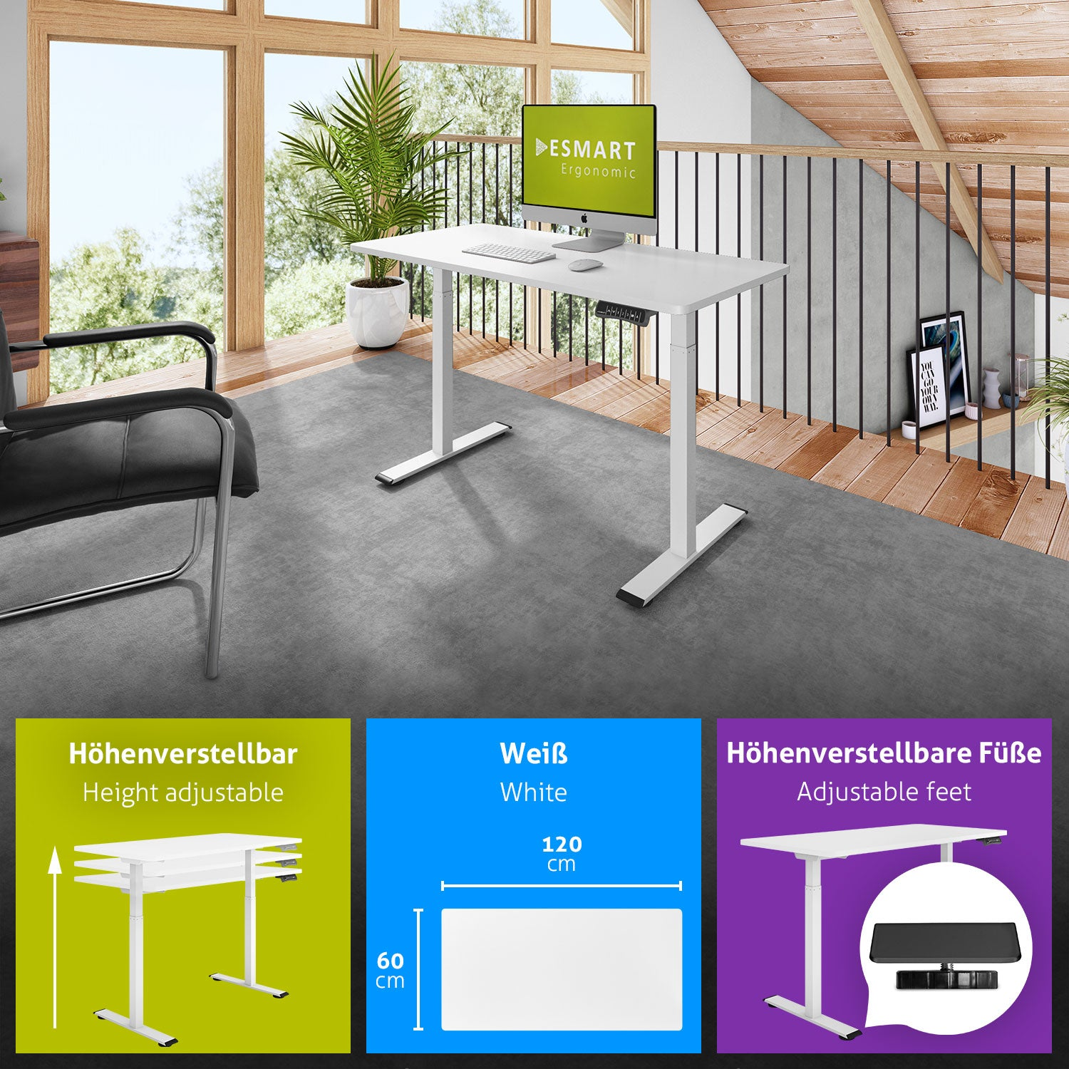 Ein weißer, höhenverstellbarer Schreibtisch mit Computer, in der Nähe eines Fensters und eines schwarzen Stuhls. Infografiken zeigen Abmessungen.