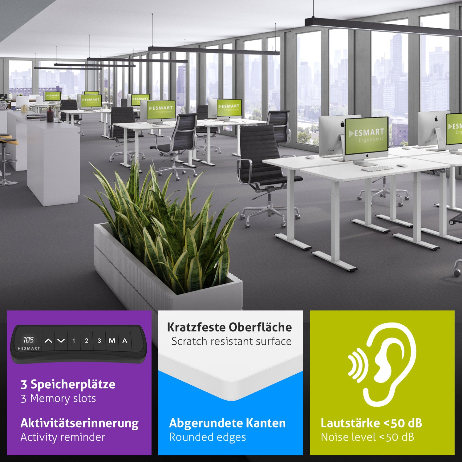Ein Büro mit Schreibtischen, Computern, Stühlen und Pflanzen. Textfelder zeigen Merkmale wie Kratzfestigkeit, Speicherplätze und Geräuschpegel.