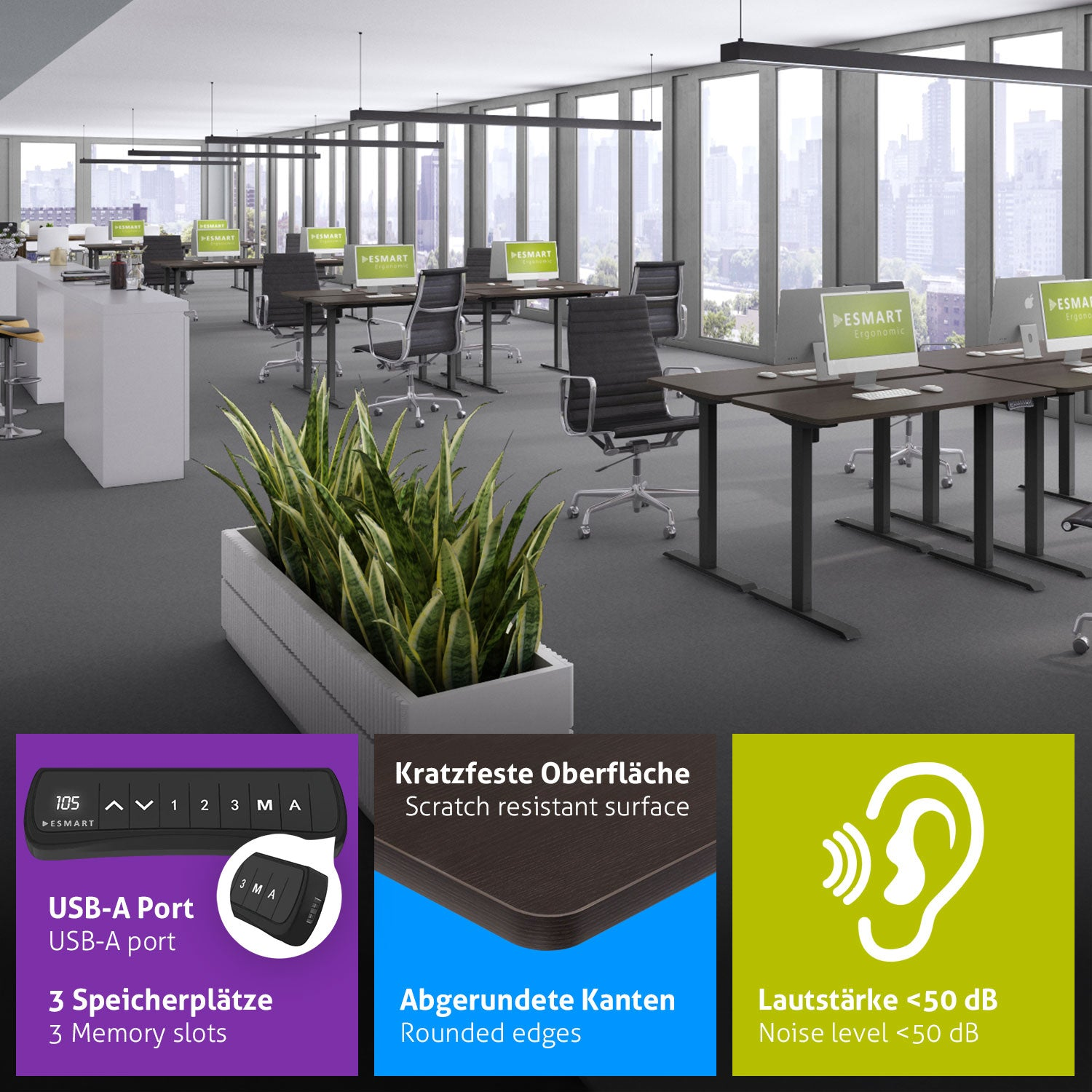 Ein Büro mit Schreibtischen, Computern und Stühlen. Eine Pflanze befindet sich im Vordergrund. Merkmale: USB-A-Anschluss, 3 Speicherplätze, kratzfeste Oberfläche.