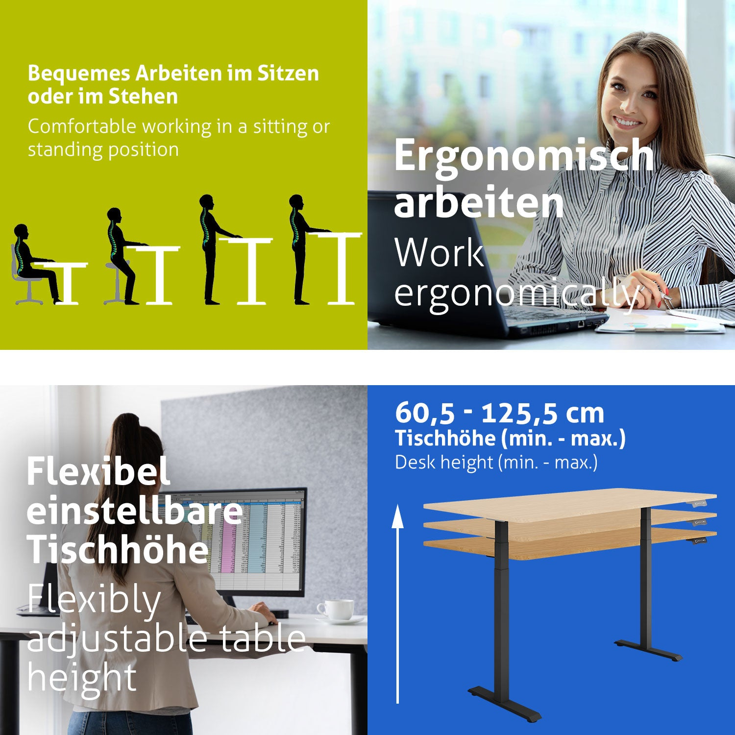 Das Bild zeigt ergonomische Arbeitsplatzkonzepte. Enthält Illustrationen der korrekten Körperhaltung, eine Frau am Schreibtisch und einen höhenverstellbaren Tisch.