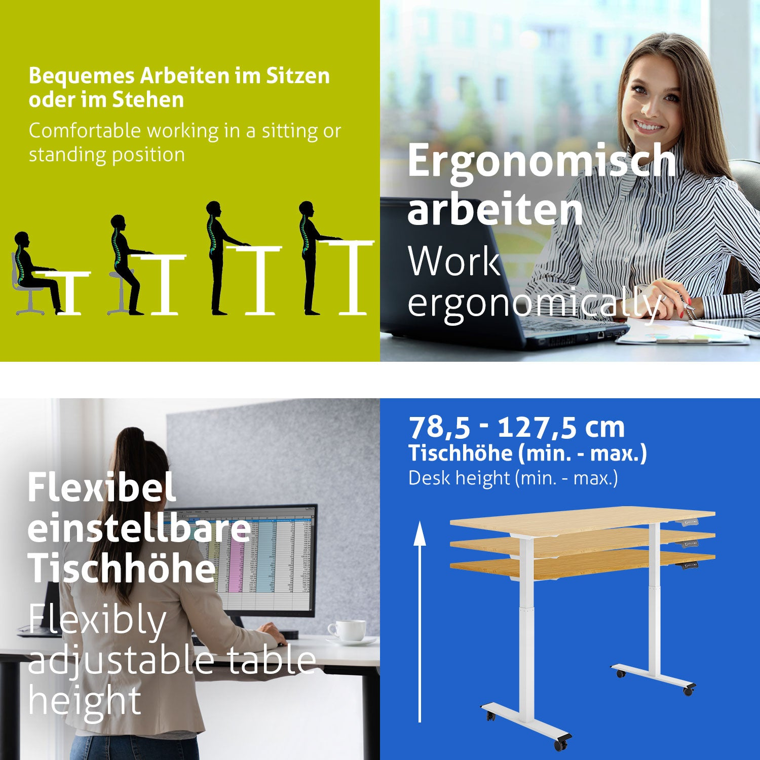 Das Bild zeigt ergonomische Arbeitsplatzkonzepte: Sitzen/Stehen, eine Frau am Laptop, eine Frau an einem verstellbaren Schreibtisch und der Schreibtischhöhenbereich.