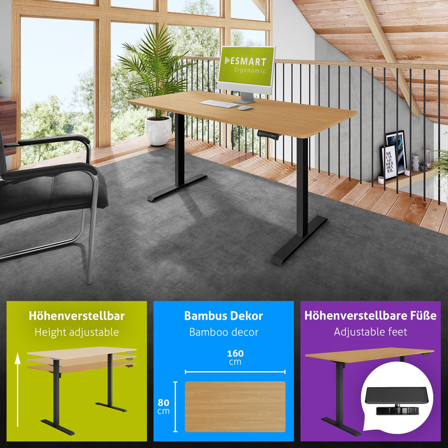 Ein höhenverstellbarer Bambustisch mit Computer. Im Hintergrund ein Raum mit Fenster und Dachboden.