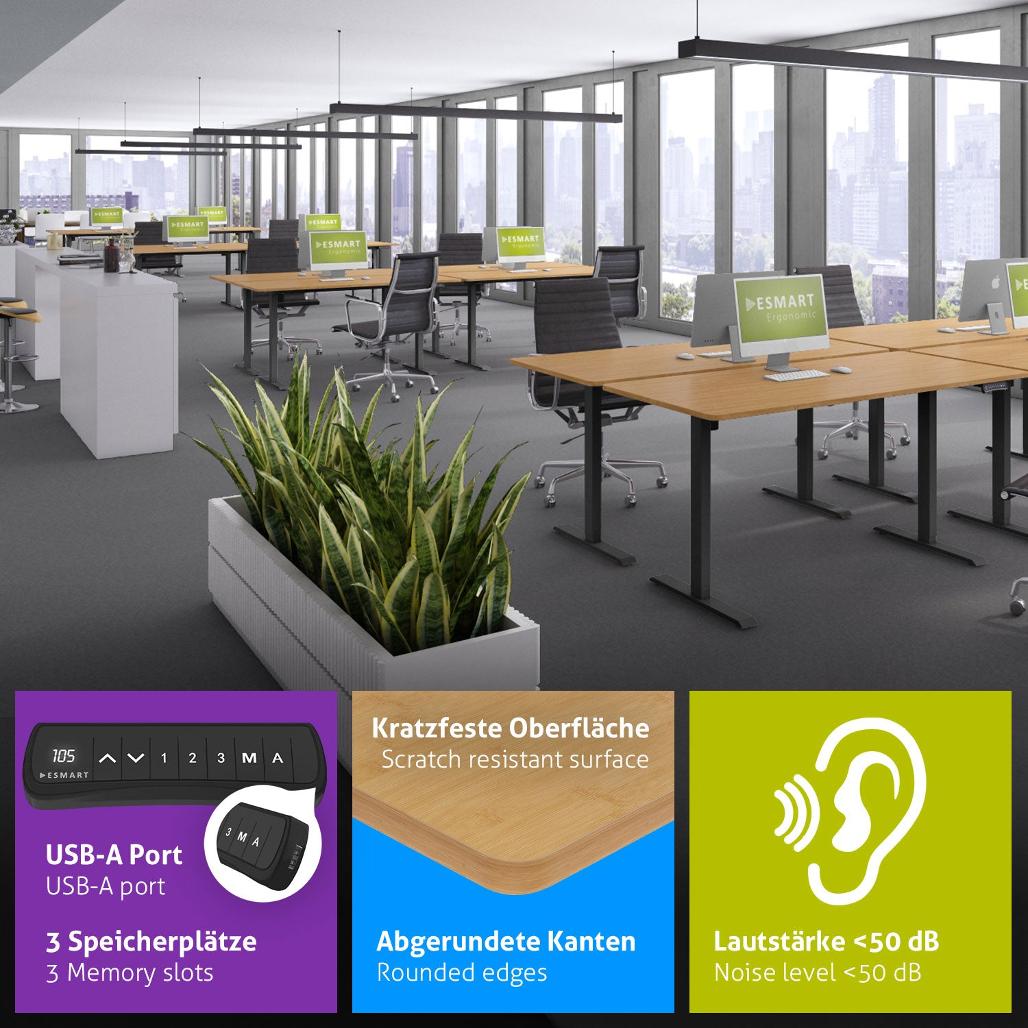 Büro mit Schreibtischen, Computern, Stühlen und Pflanzen. Informationen zu Kratzfestigkeit, Geräuschpegel, USB-Anschluss und Speichersteckplätzen.