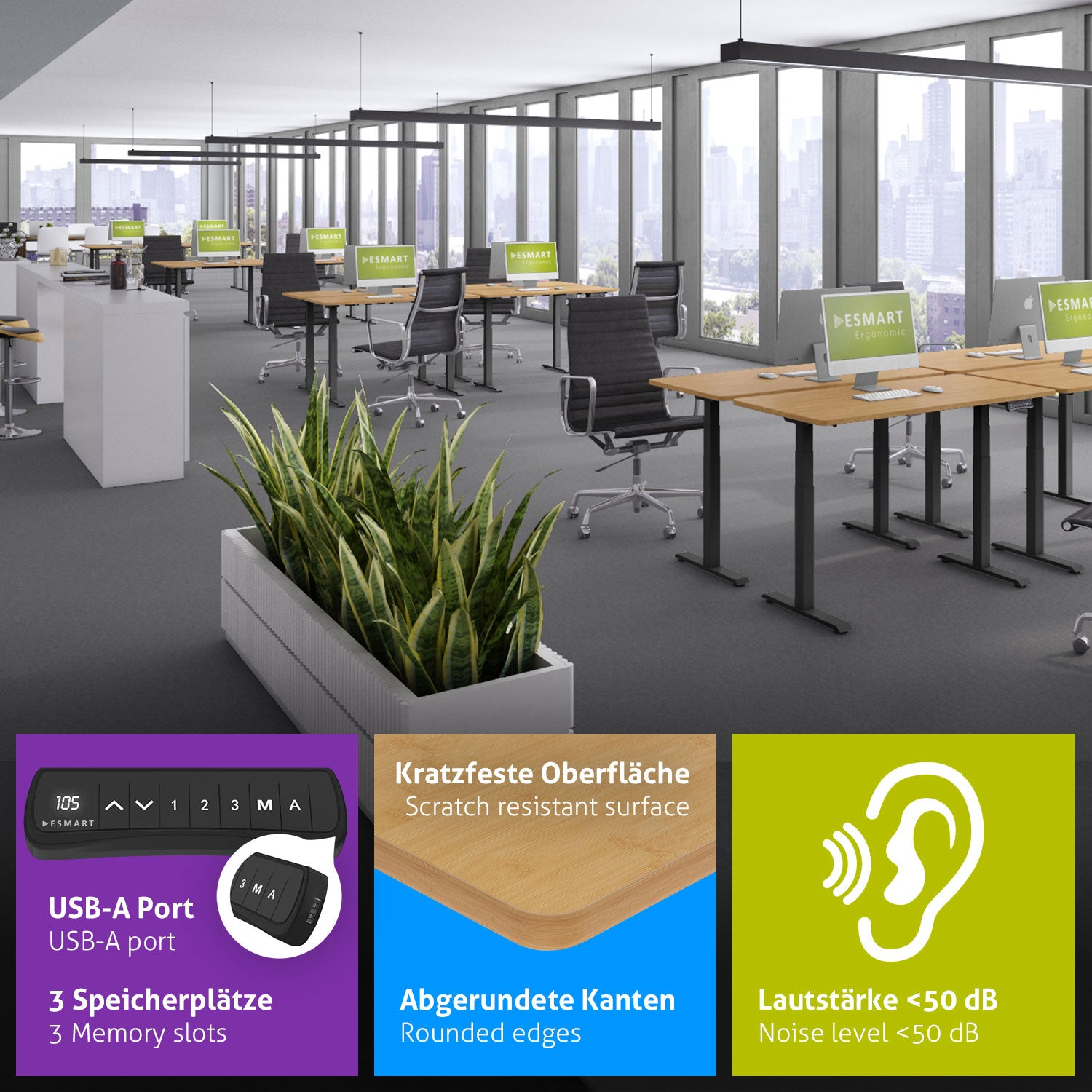 Ein Büro mit Schreibtischen, Stühlen, Computern und grünen Pflanzen. Merkmale sind USB-A-Anschluss, kratzfeste Oberfläche, abgerundete Kanten und Geräuschpegel unter 50 dB.