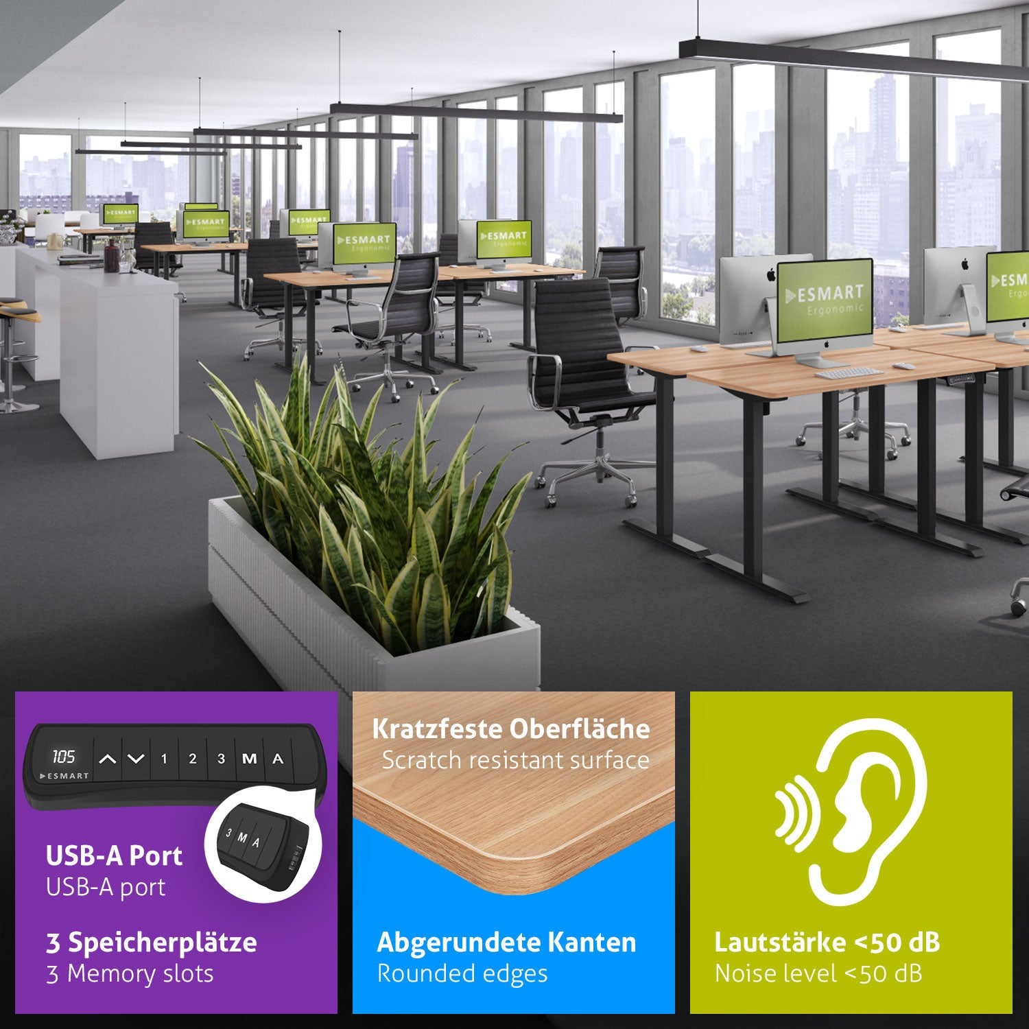 Ein Büro mit Schreibtischen, Computern und Stühlen. Merkmale sind USB-Anschluss, Speicherslots, kratzfeste Oberfläche, abgerundete Kanten und geringe Geräuschentwicklung.