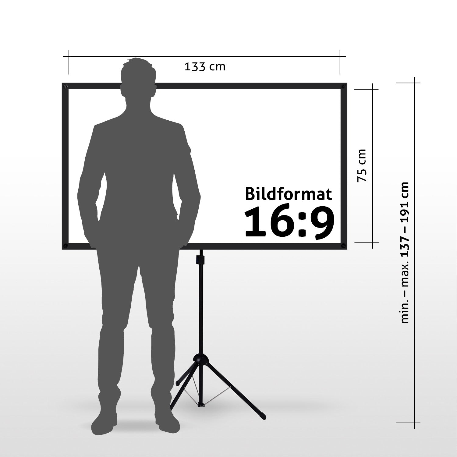 Eine Silhouette steht vor einer Projektionsleinwand. Abmessungen der Leinwand sind angegeben, einschließlich 133 cm Breite und 75 cm Höhe.
