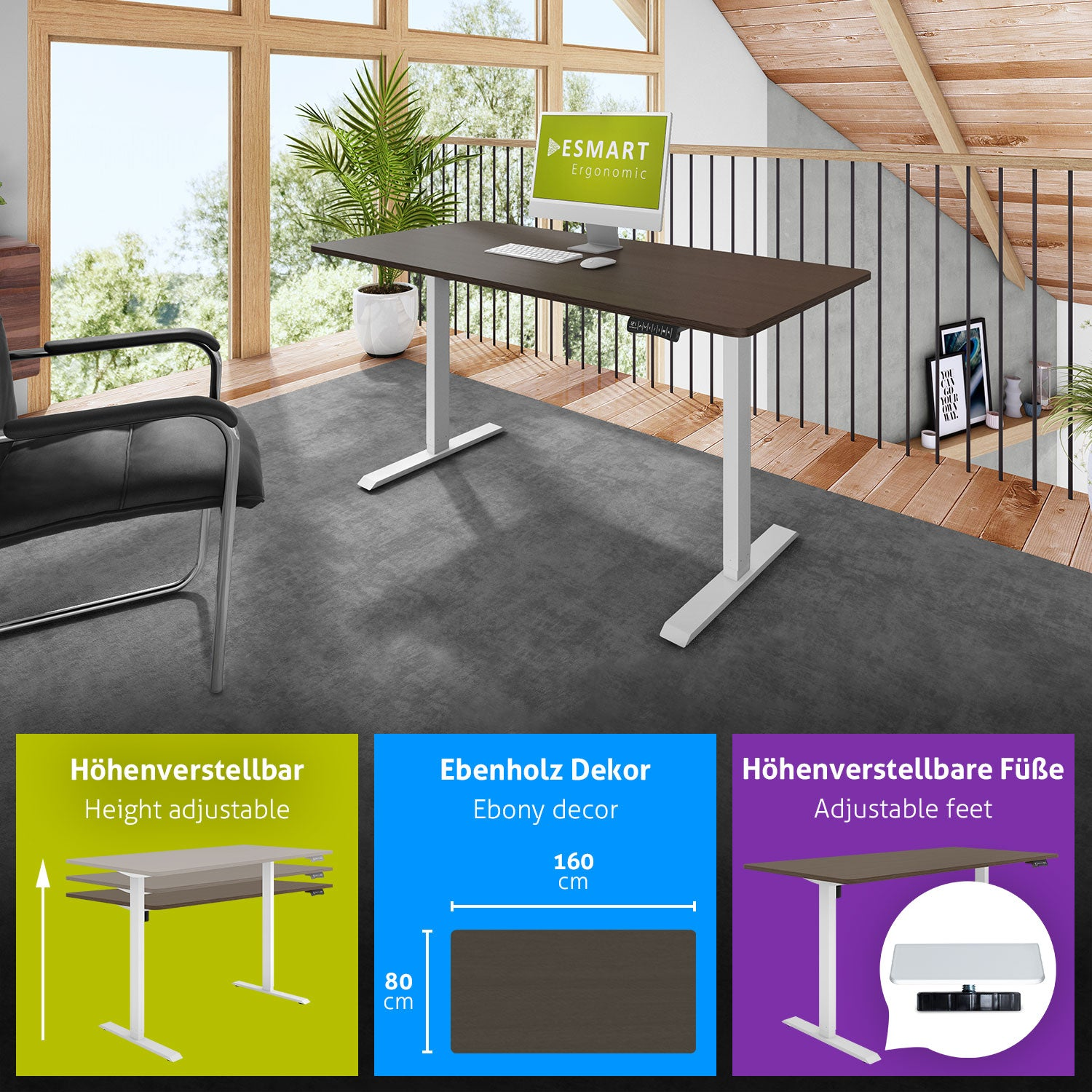 Büroeinrichtung mit höhenverstellbarem Schreibtisch, Monitor und Stuhl. Der Schreibtisch hat eine braune Platte und weiße Beine.