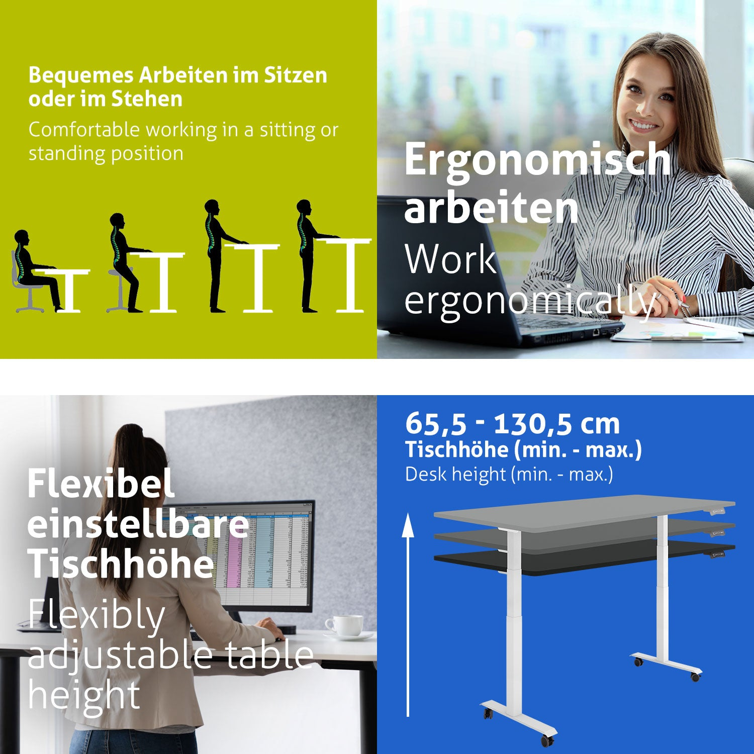 Das Bild zeigt ergonomische Bürokonzepte: Sitz-/Stehpositionen, eine arbeitende Frau, einen höhenverstellbaren Tisch und Tischhöhenmaße.