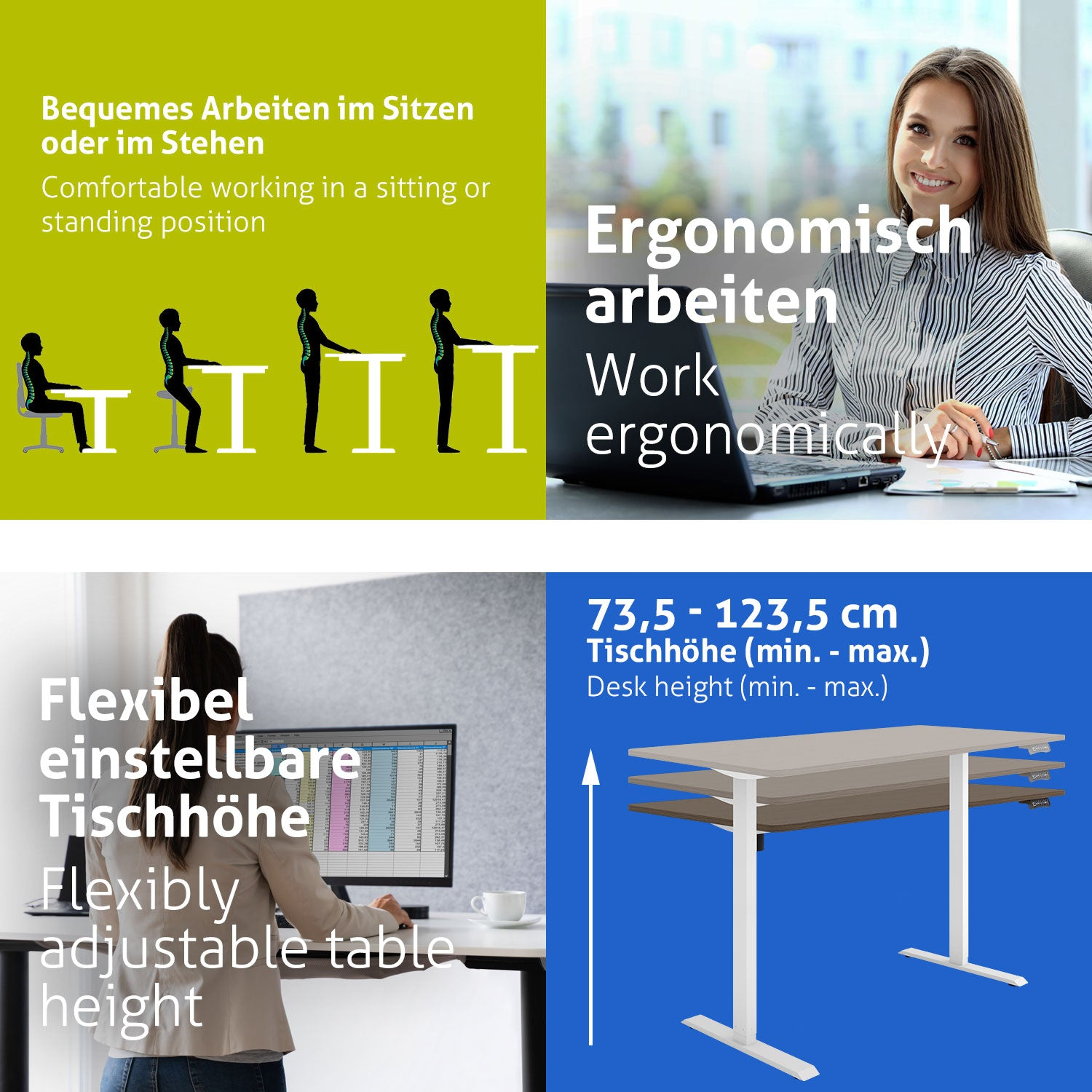 Das Bild zeigt ergonomische Büroeinrichtung: Menschen bei der Arbeit, höhenverstellbarer Schreibtisch und Text, der Vorteile erklärt.